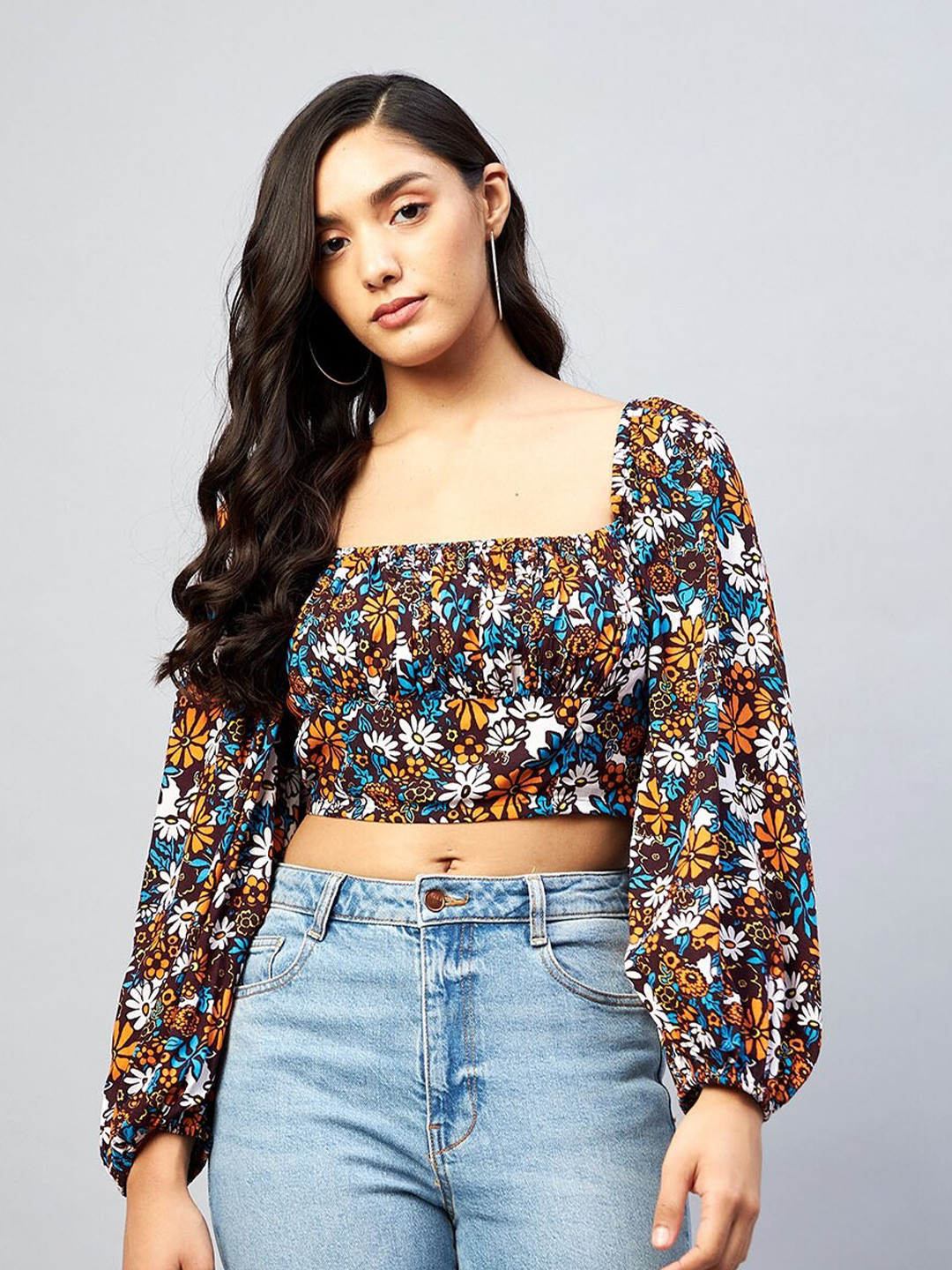 DELAN Floral Print Square Neck Long Puff Sleeve Smocking Crop Top