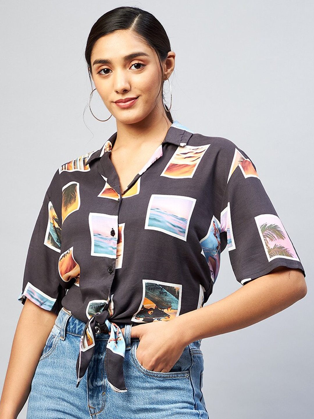DELAN Print Kimono Sleeve Crop Top