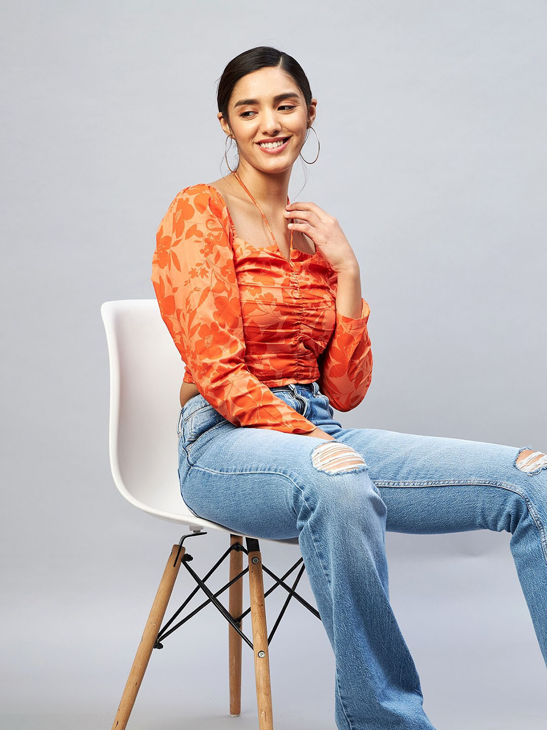 DELAN Floral Print Square Neck Long Puff Sleeve Crop Top