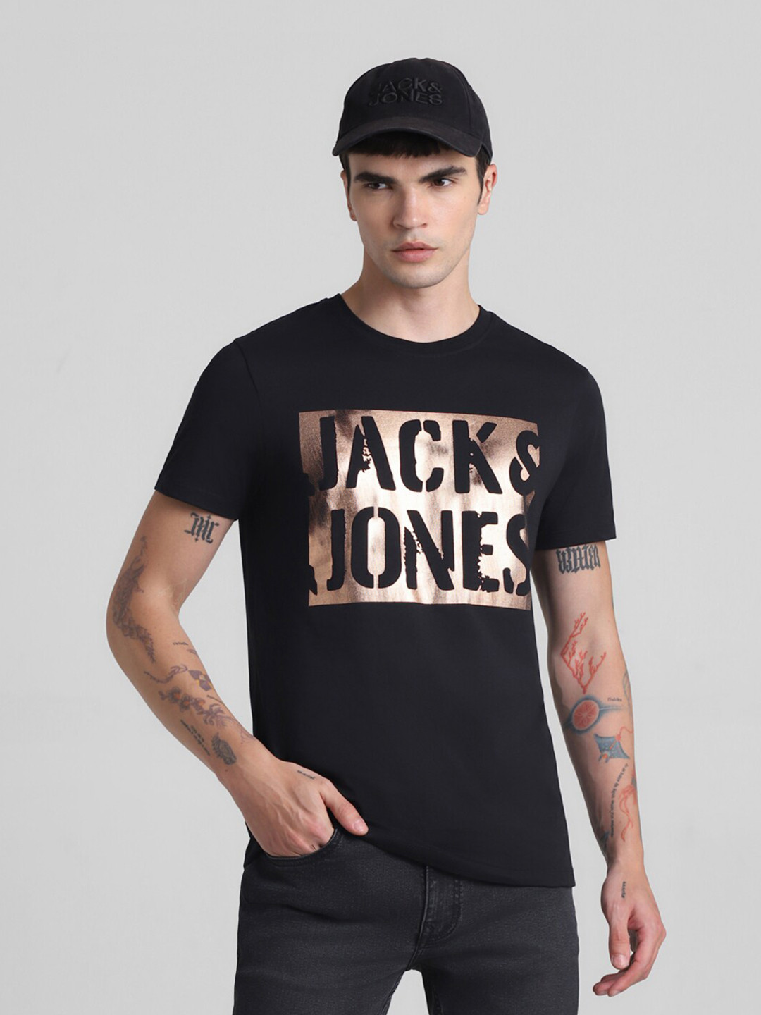 Jack & Jones Typography Printed Round Neck Short Sleeves Cotton Slim Fit T-shirt