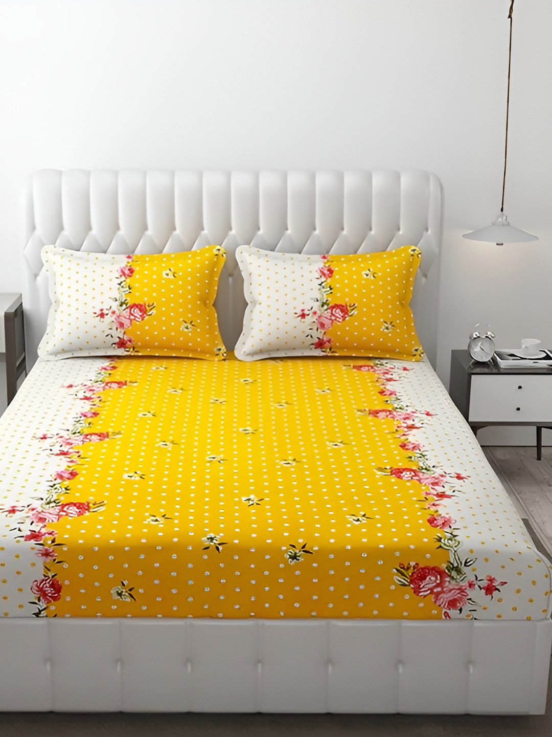 Supreme Home Collective Yellow Floral Microfiber Wrinkle Free 144 TC Fitted Queen Coarse Bedsheet with 2 Pillow Covers-98 x 90 inches