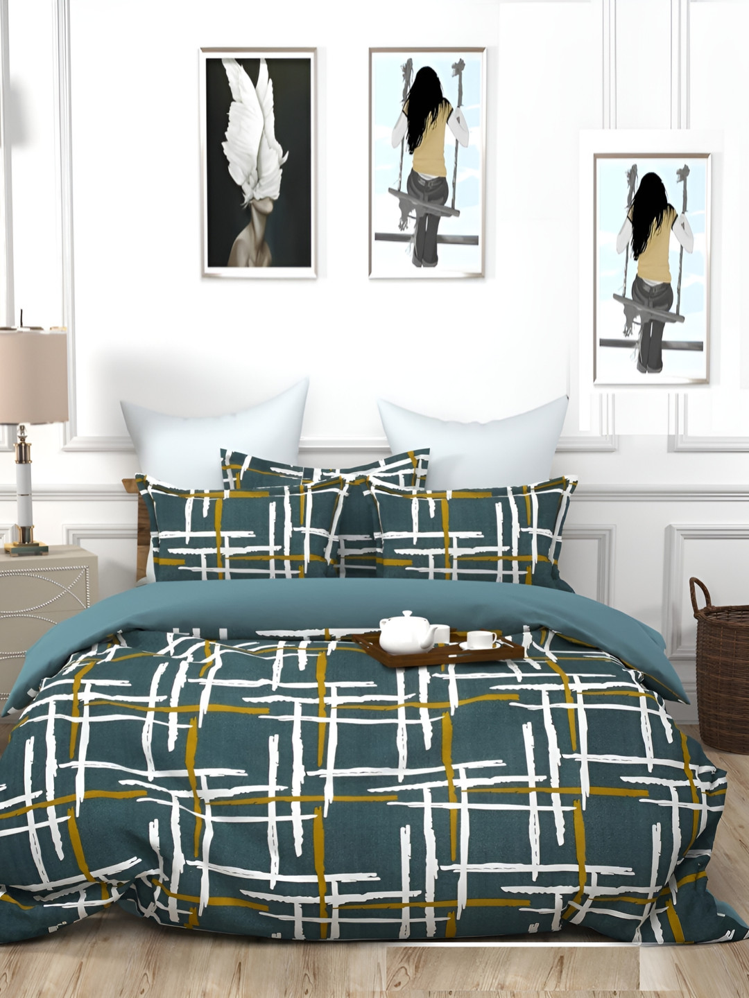 Supreme Home Collective Grey Abstract Microfiber 144 TC Fitted Queen Coarse Bedsheet with 2 Pillow Covers-98 x 90 inches