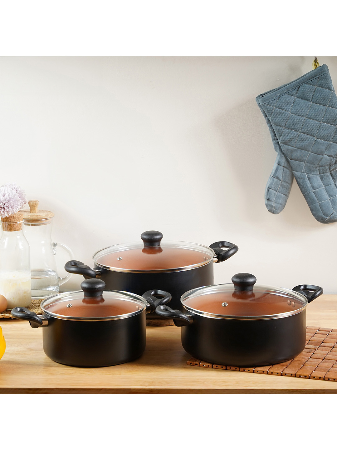 Kreme Black 3 Pieces Aluminium Dishwasher Safe Cookware Set