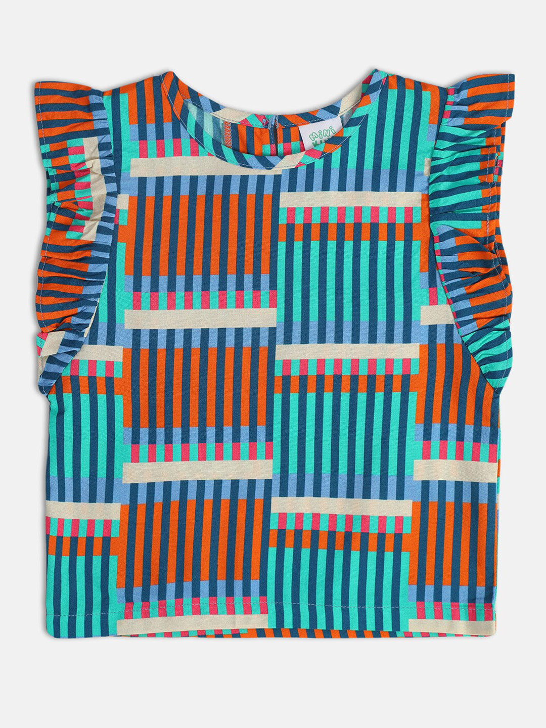 MINI KLUB Girls Geometric Striped Round Neck Short Sleeves Modal Top