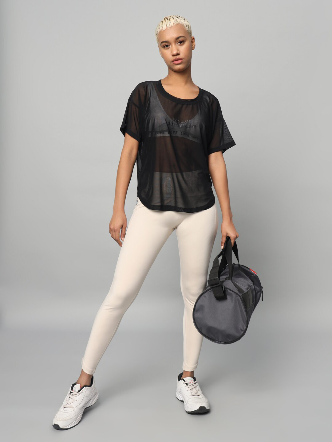 MKH Typography Printed Extended Sleeves Semi Sheer Pockets Sports T-shirt