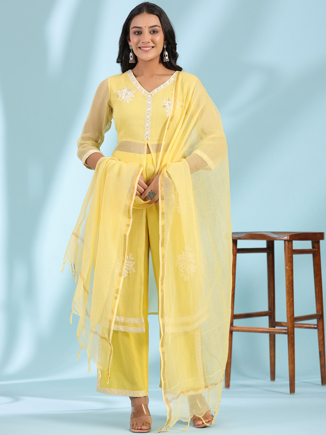 Juniper Floral Embroidered High Slit Beads and Stones Kurta with Palazzos & Dupatta