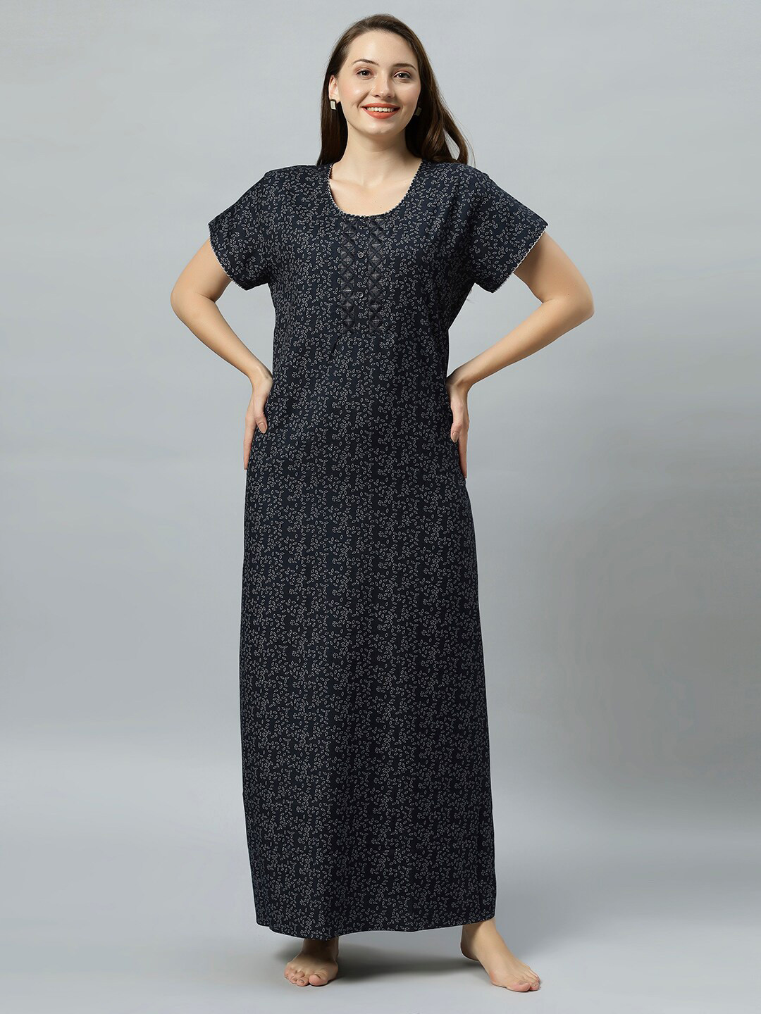 QUIRA Floral Printed Embroidered Detail Maxi Nightdress