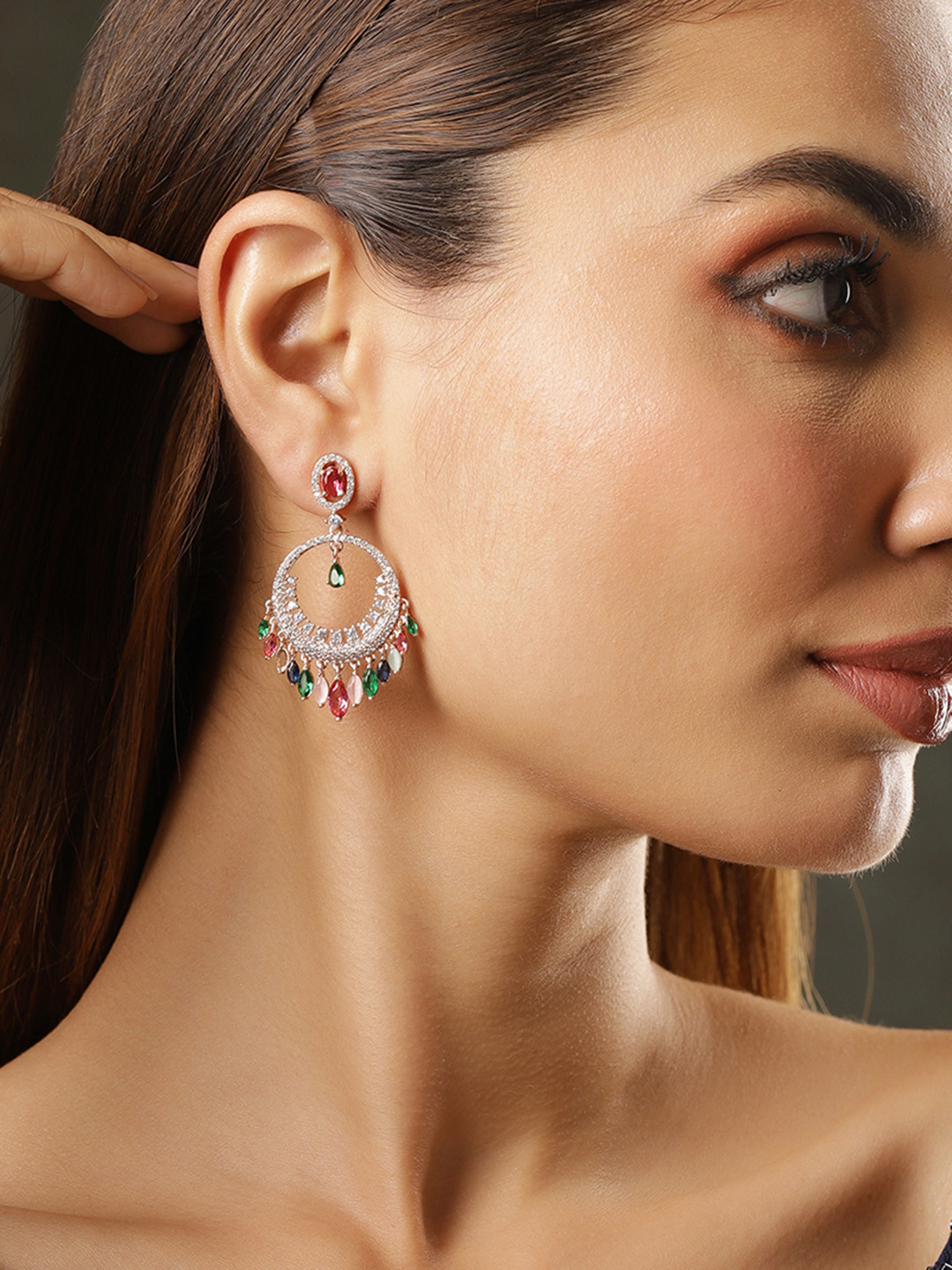Rubans 22K Rose Gold-Plated Multicolor Cubic Zirconia Studded Chandbali Earrings