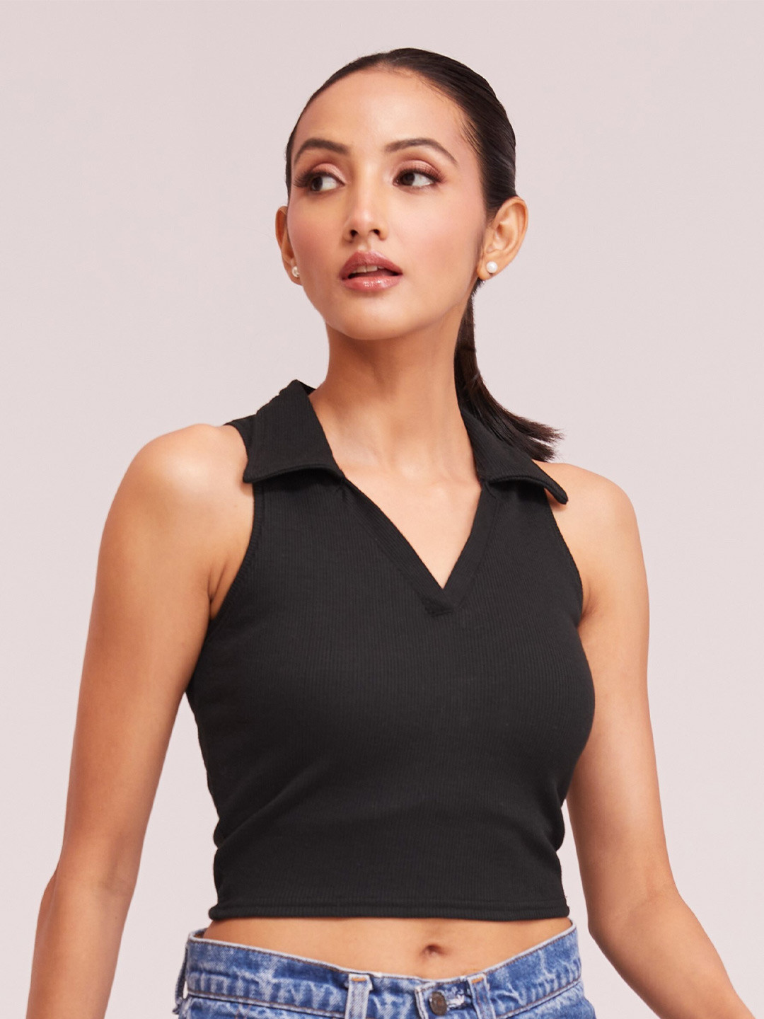 BerryBird Shirt Collar Sleeveless Ribbed Knit Tank Crop Top