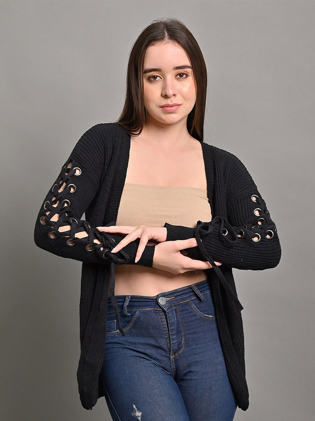 NoBarr Self Design Acrylic Sheer Open Front Shrug