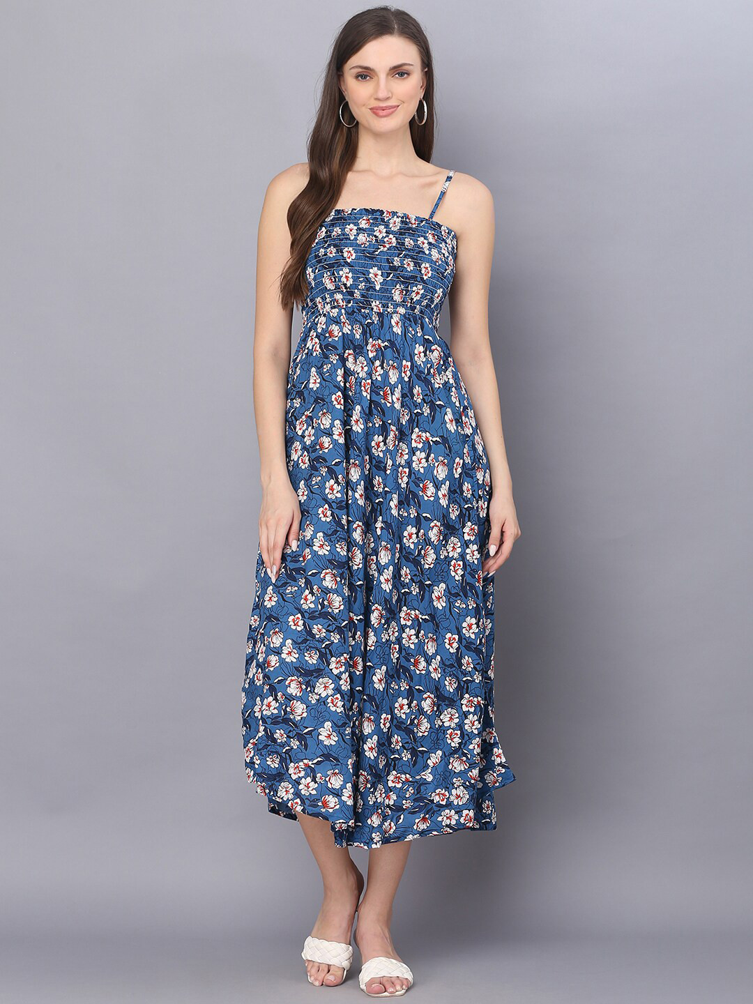 Vastralay Floral Smocked Print Fit & Flare Midi Dress