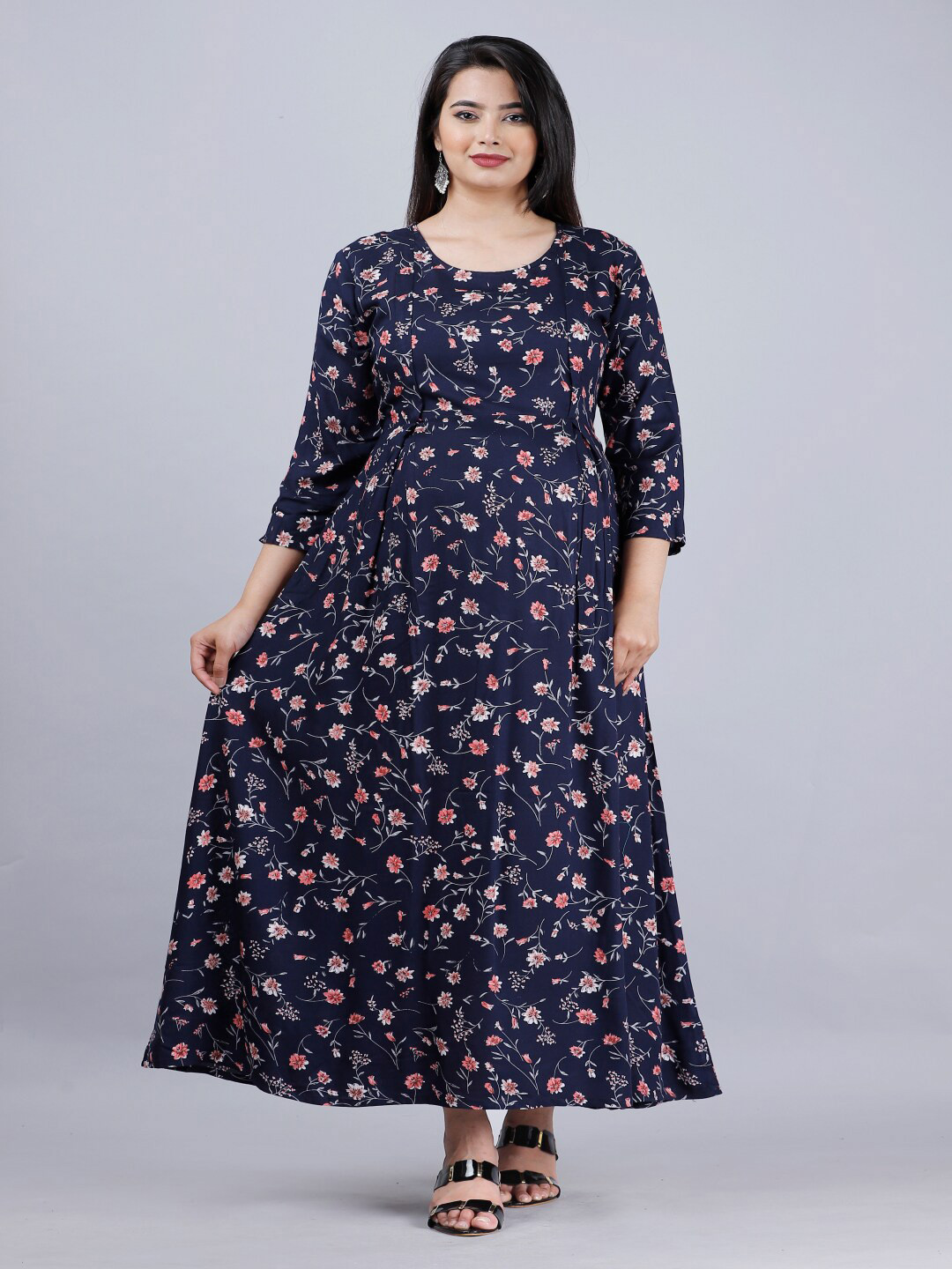 Vastralay Floral Printed Round Neck Maternity Maxi Dress