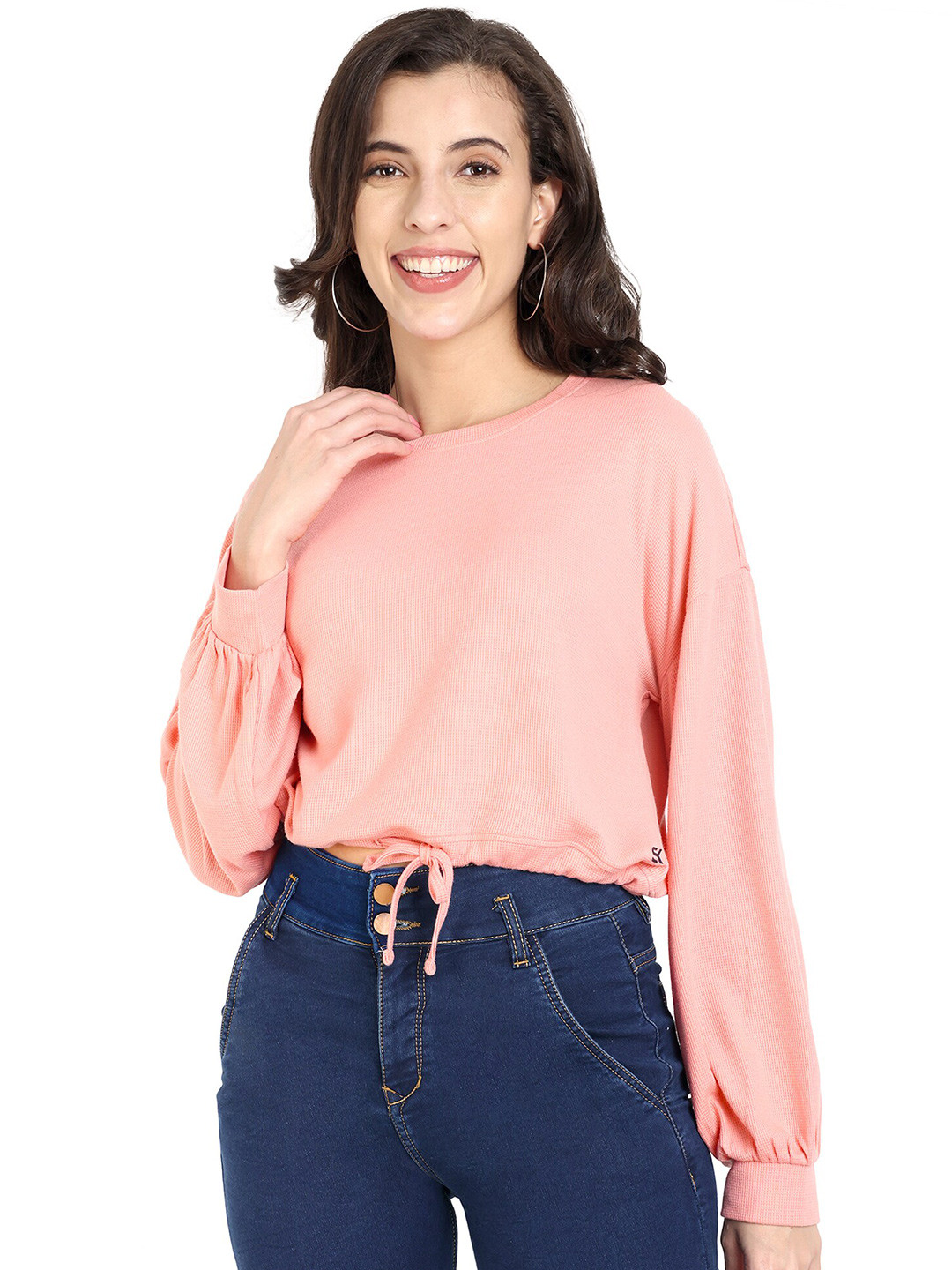 One Sky Women Almond Solid Round Neck Drop-Shoulder Sleeves Polyester T-Shirt