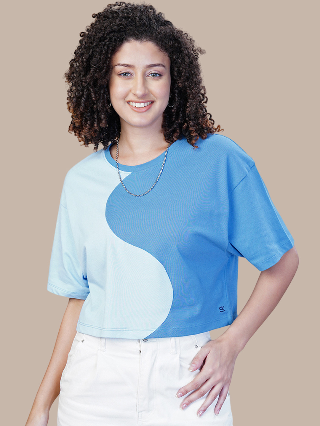 One Sky Women Jasper Colourblocked Round Neck Drop-Shoulder Sleeves Cotton T-Shirt