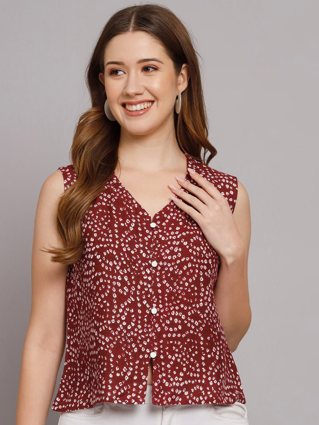 Vastralay Bandhani Printed Cotton Shirt Style Top