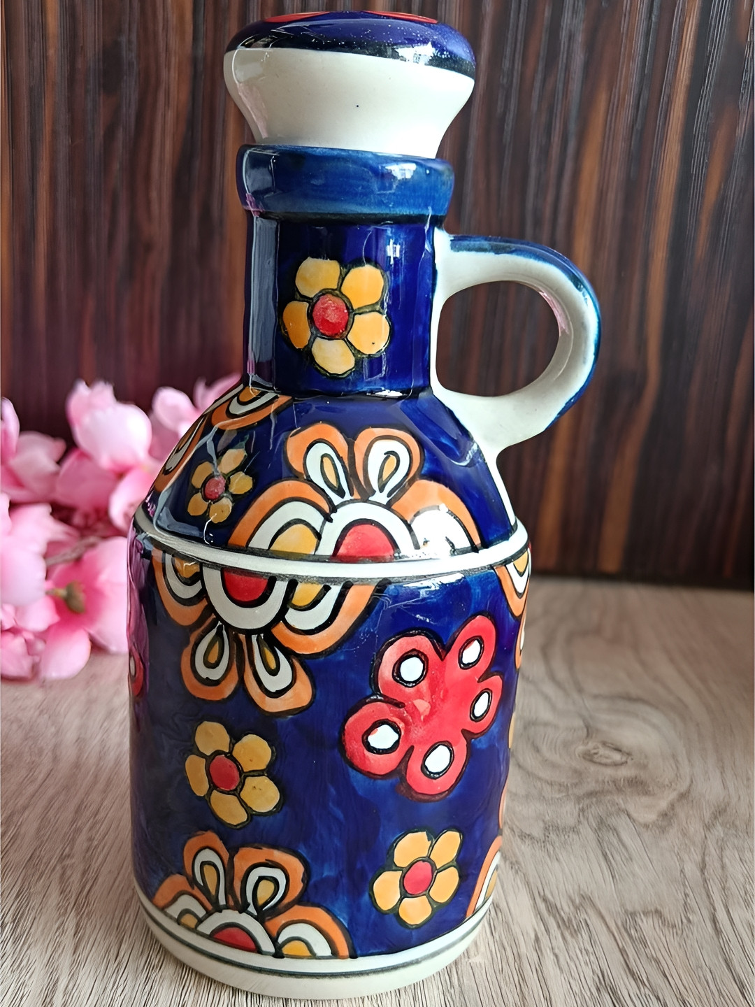 INDIA MEETS INDIA Blue & White Floral Printed Ceramic Oil Dispenser 500 ml