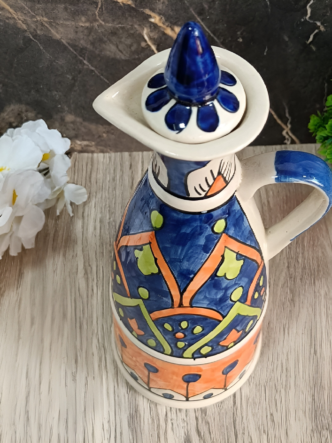 INDIA MEETS INDIA Yellow & Blue Floral Printed Ceramic Oil Dispenser With Lid 750 ml