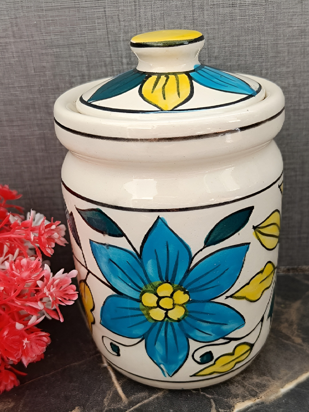 india Meets india White Floral Ceramic Clip-On Canister-500ml