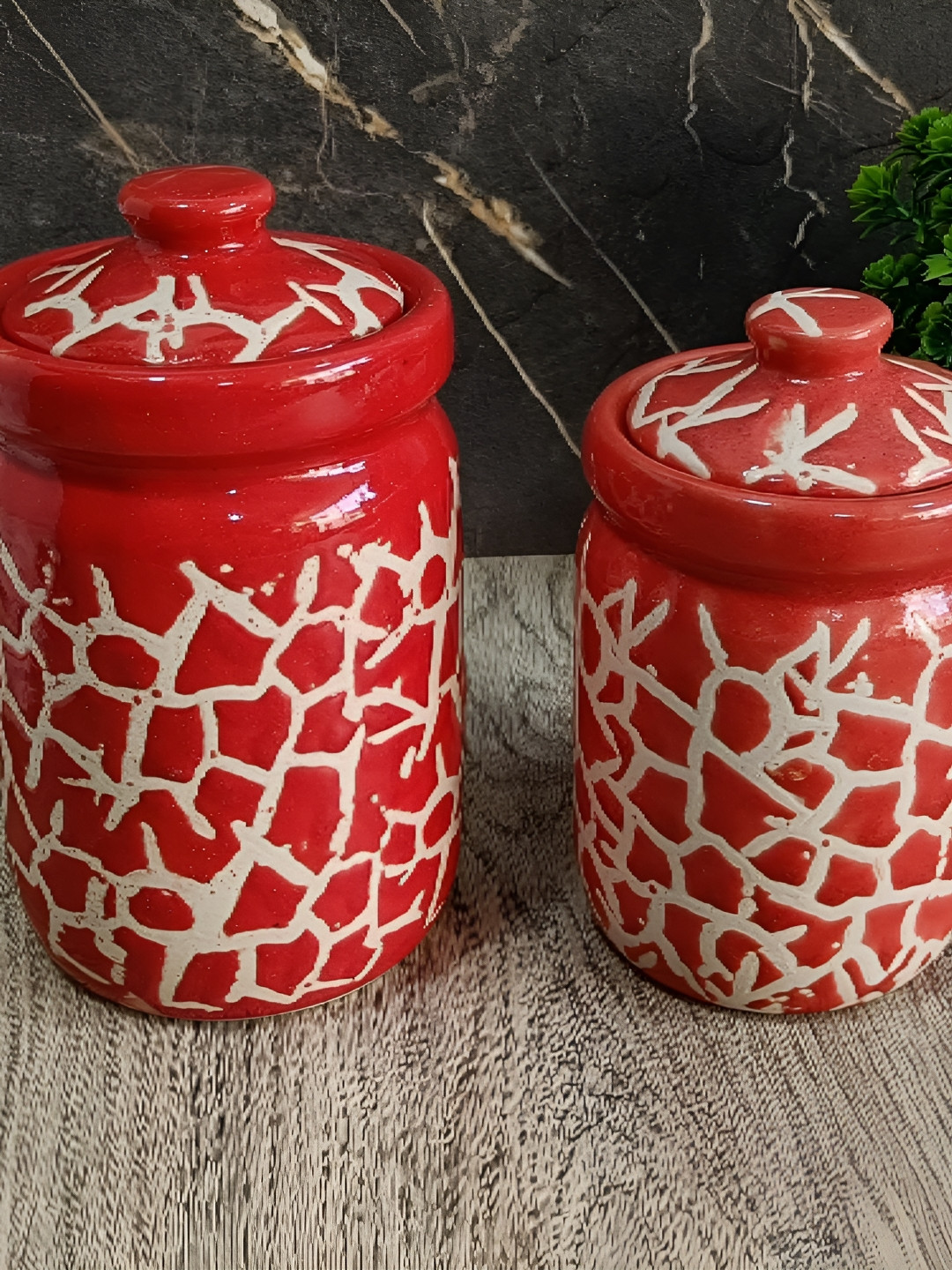 india Meets india Red Abstract Ceramic 2 Piece Flip Top Canister