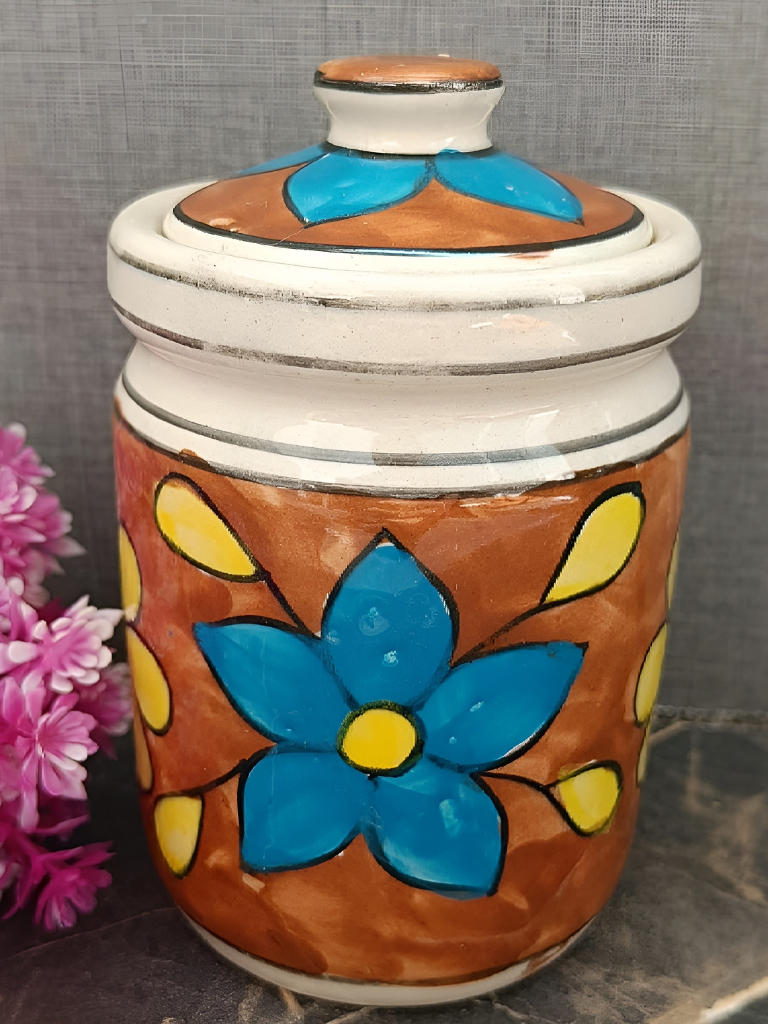 india Meets india Brown Floral Ceramic Clip-On Canister-750ml