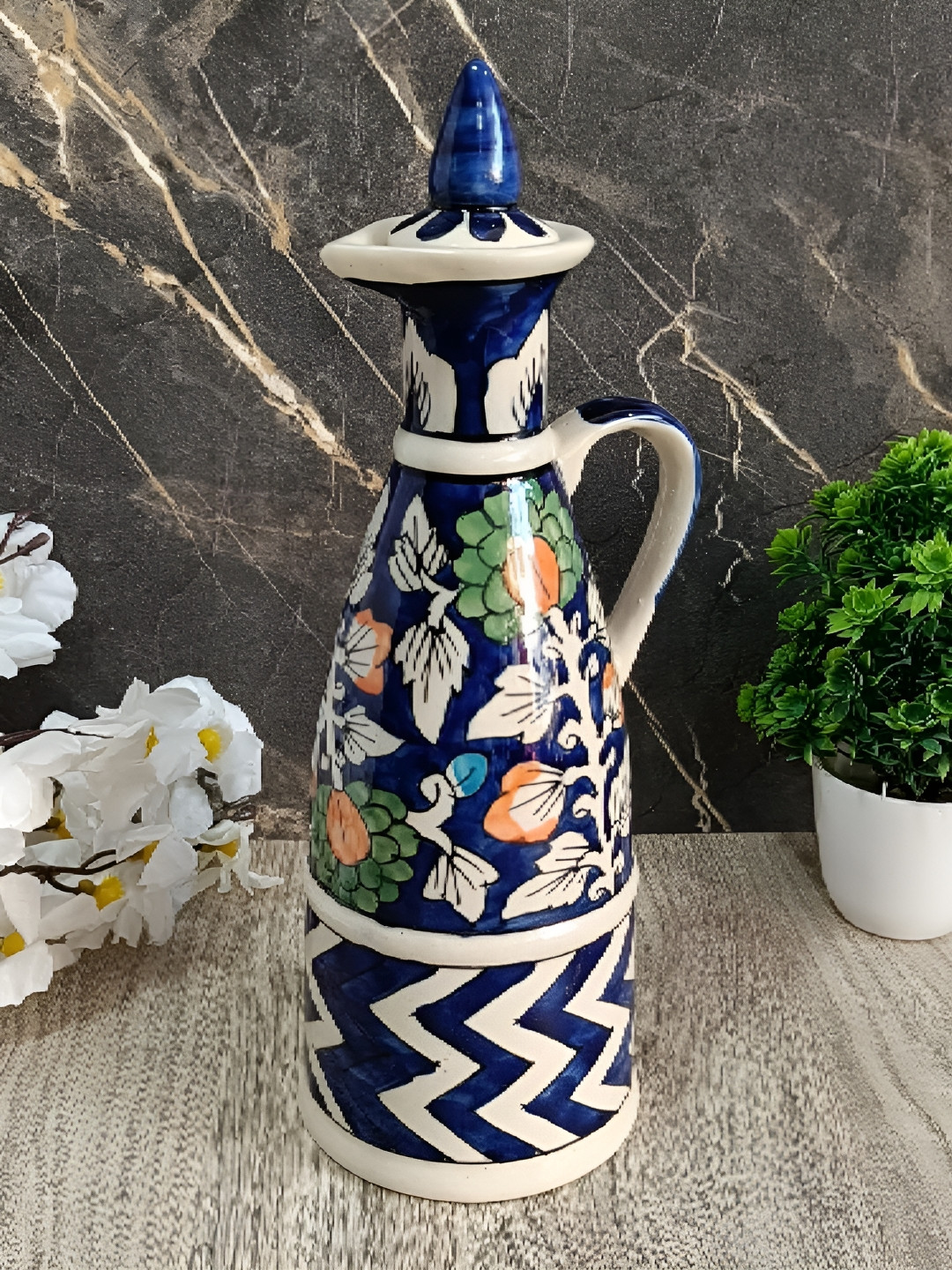 INDIA MEETS INDIA Blue & White Floral Printed Ceramic Oil Dispenser 750 ml