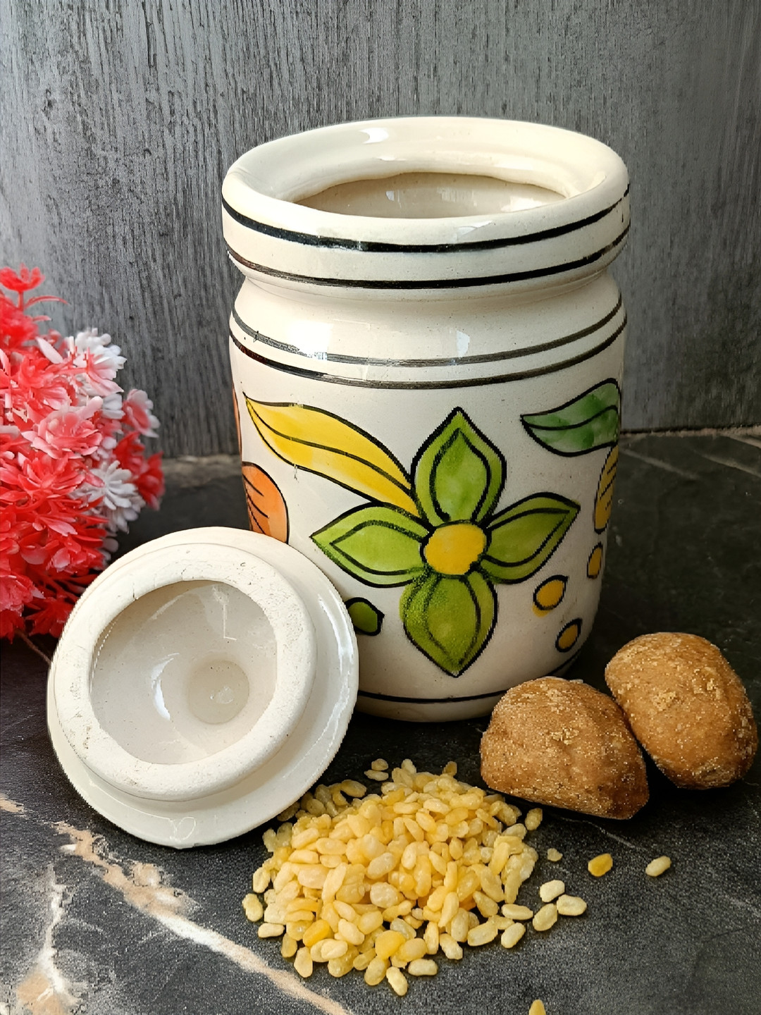 india Meets india White Floral Ceramic Flip Top Canister-750ml