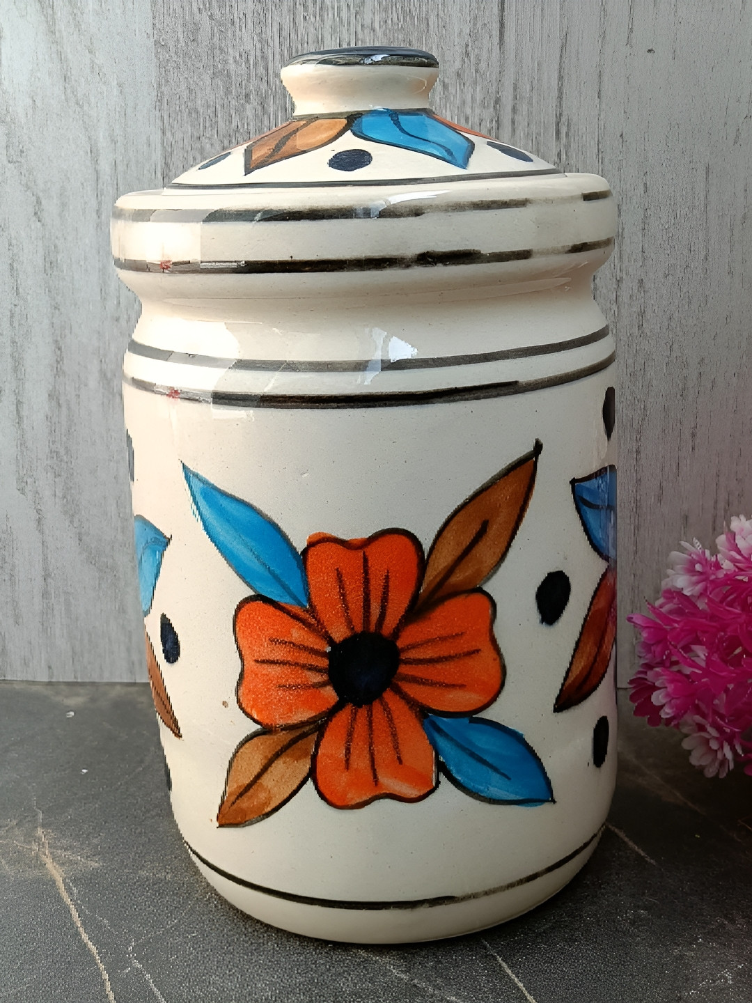india Meets india White Floral Ceramic Flip Top Canister-750ml