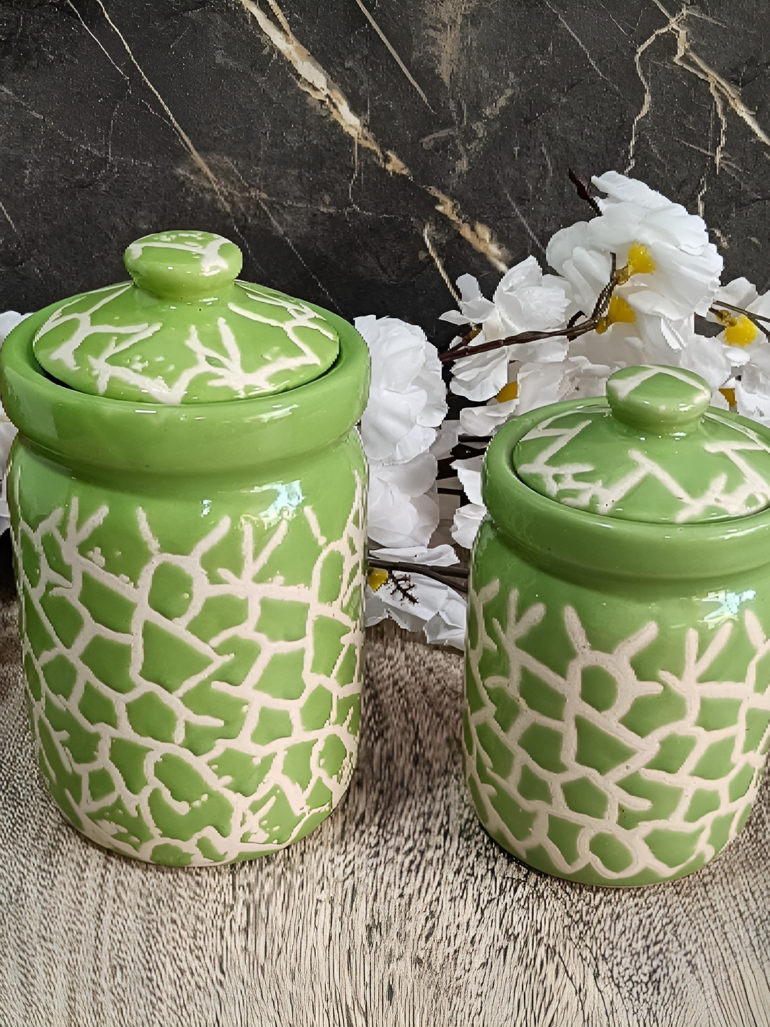 india Meets india Green Typography Ceramic 2 Piece Clip-On Canister
