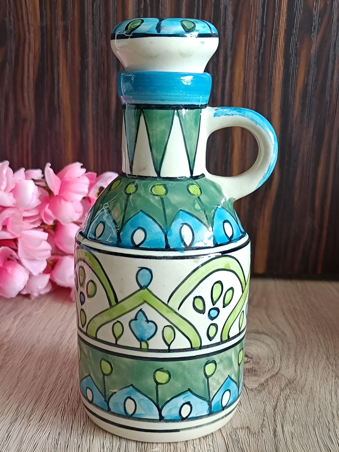 india Meets india Oil Dispenser Turquoise Blue Geometric Ceramic Leak Resistant Flip Top Dispenser-500ml