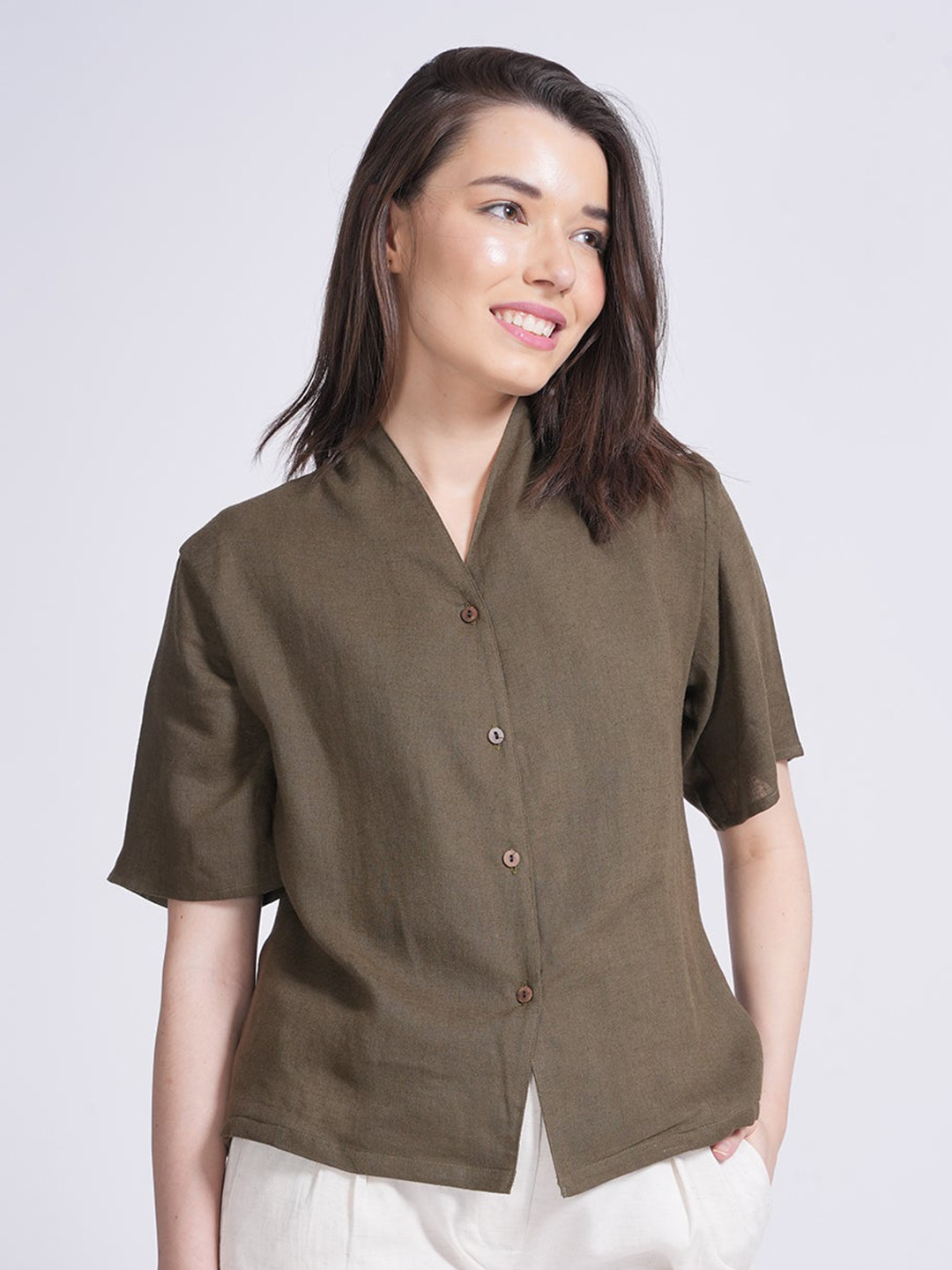 Saltpetre Wrap Collar Linen Shirt Style Top