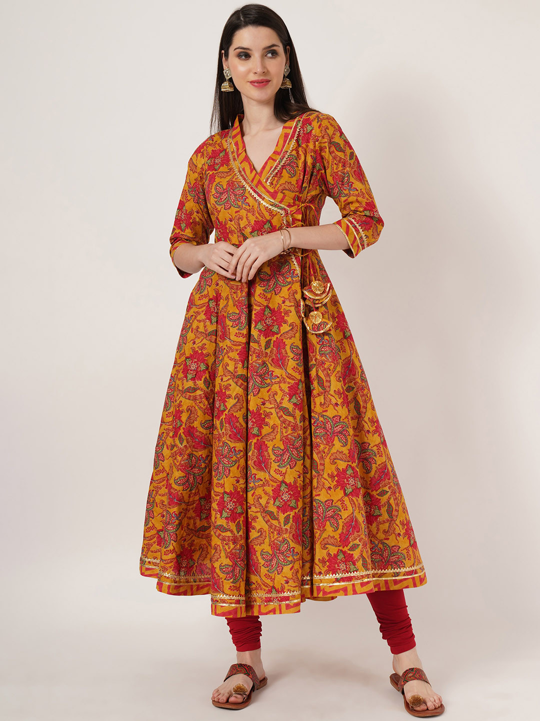 KALINI Woen Ethnic Motifs Printed Jaipuri Cotton Angrakha Anarkali Kurta