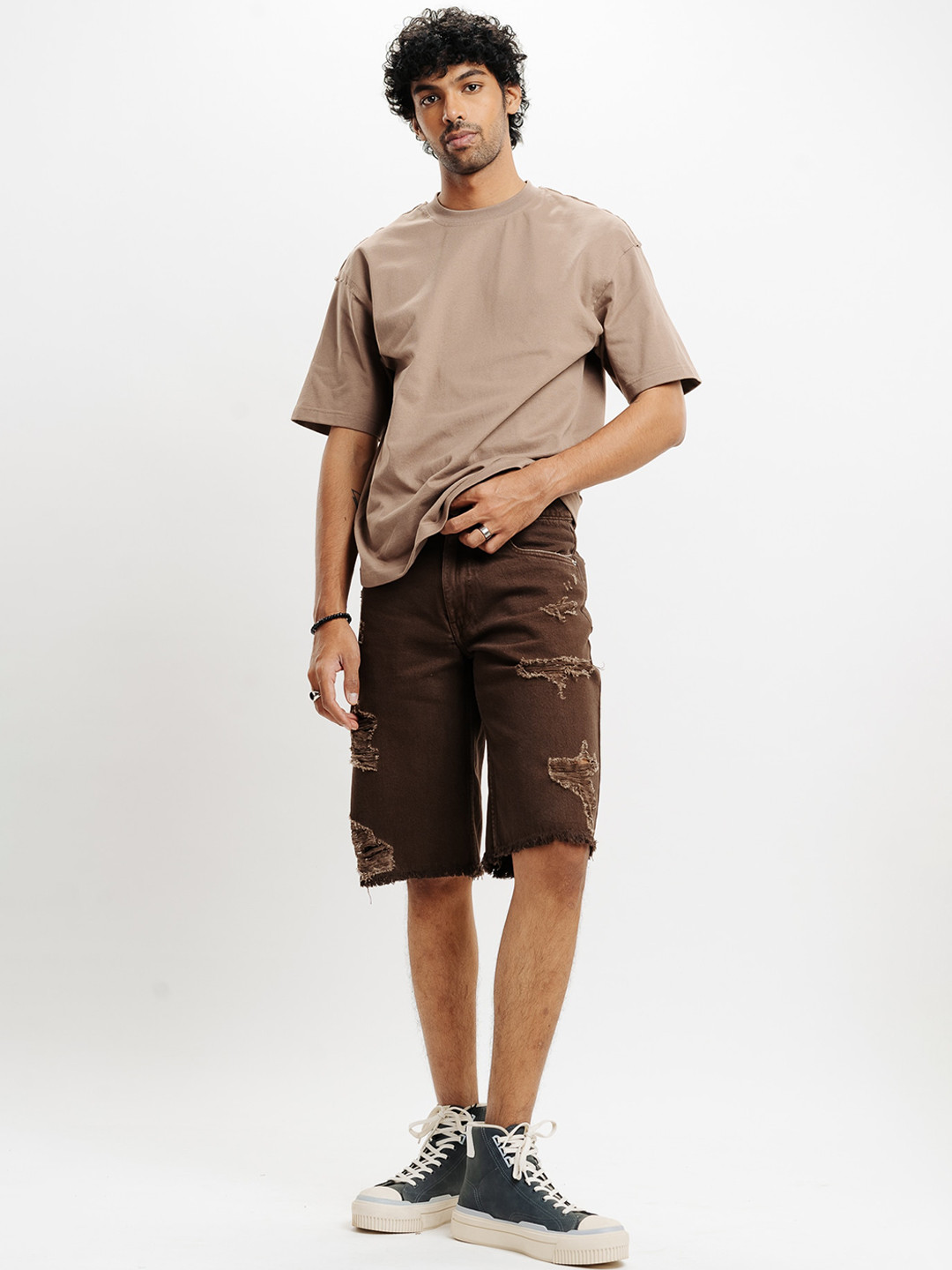 FREAKINS Men Distressed Pure Cotton Denim Shorts