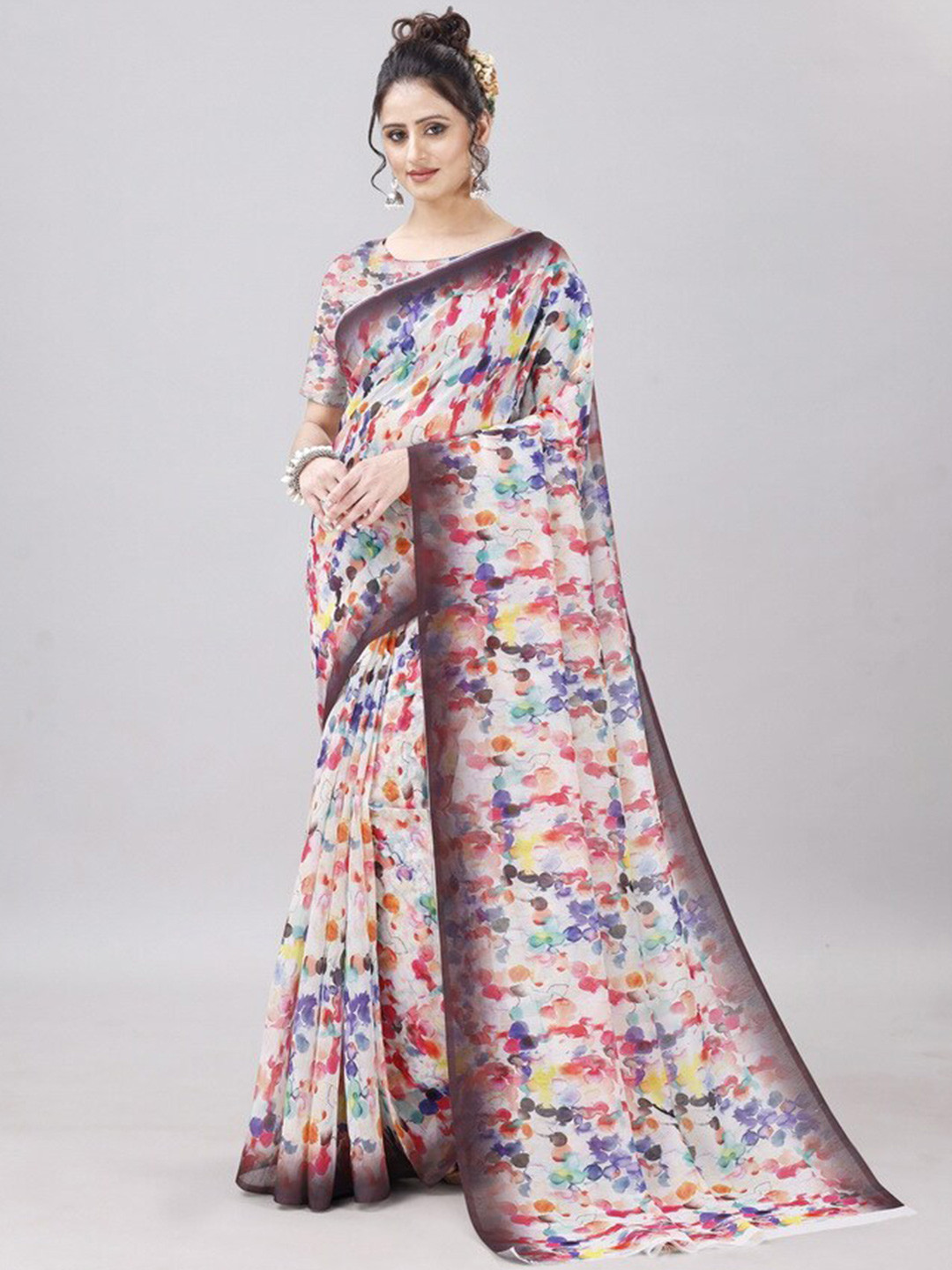 vanraj creation Abstract Printed Cotton Linen Ikat Saree
