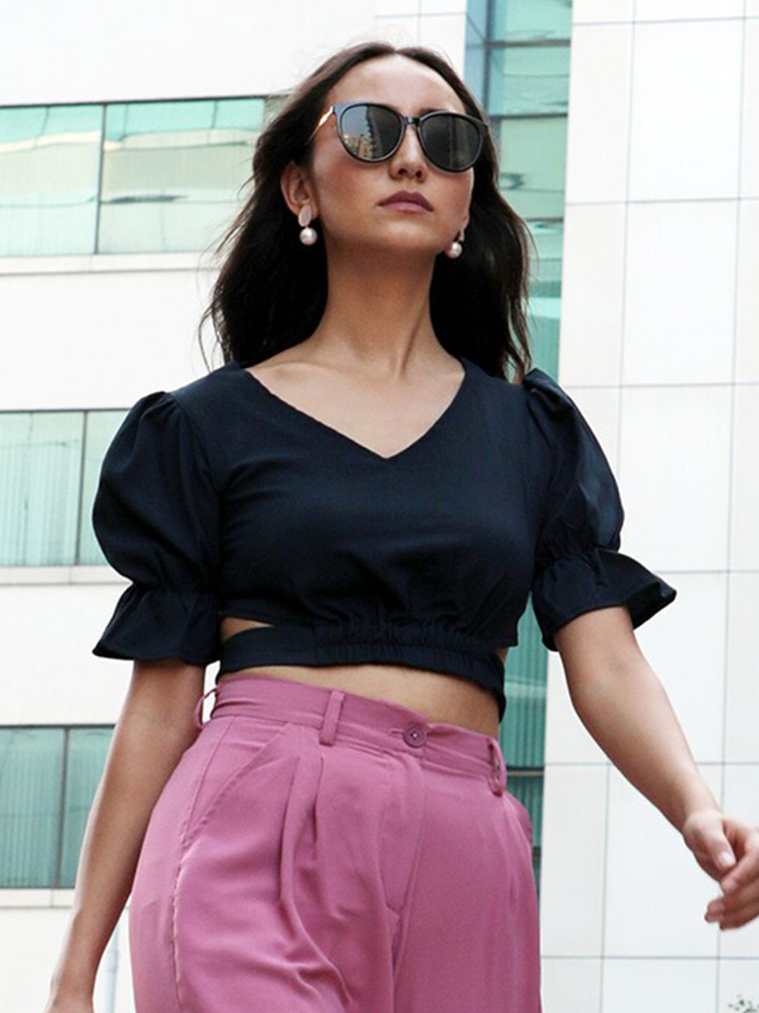 PINACOLADA V-Neck Puff Sleeves Tie-Up Detail Crop Top