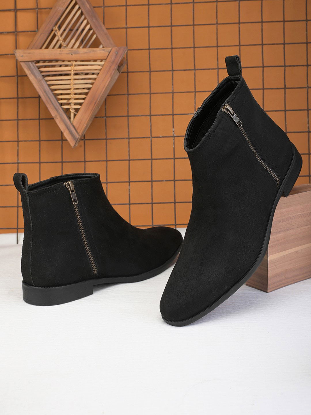 The Roadster Lifestyle Co. Men Black Round Toe Mid-Top Zip-Closure Suede Boots