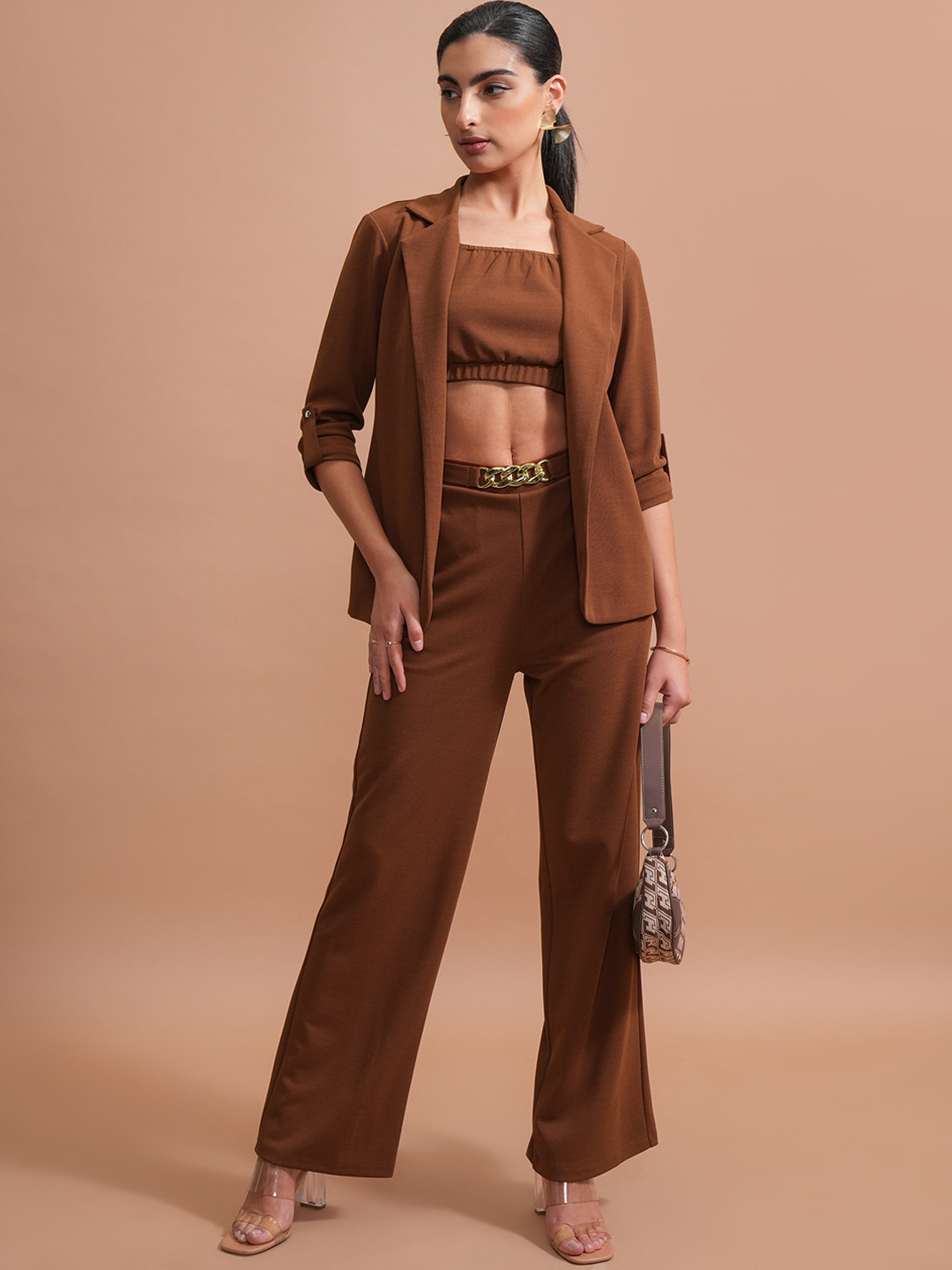 Tokyo Talkies Brown Strappy Crop Top With Open-Front Blazer & Wide-Leg Trousers Co-Ords