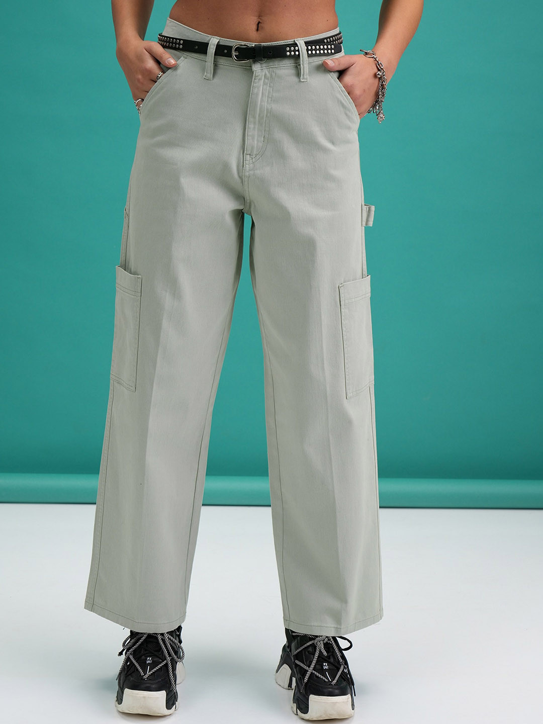 Tokyo Talkies Women Green Flared Cotton Lycra Cargos Trouser