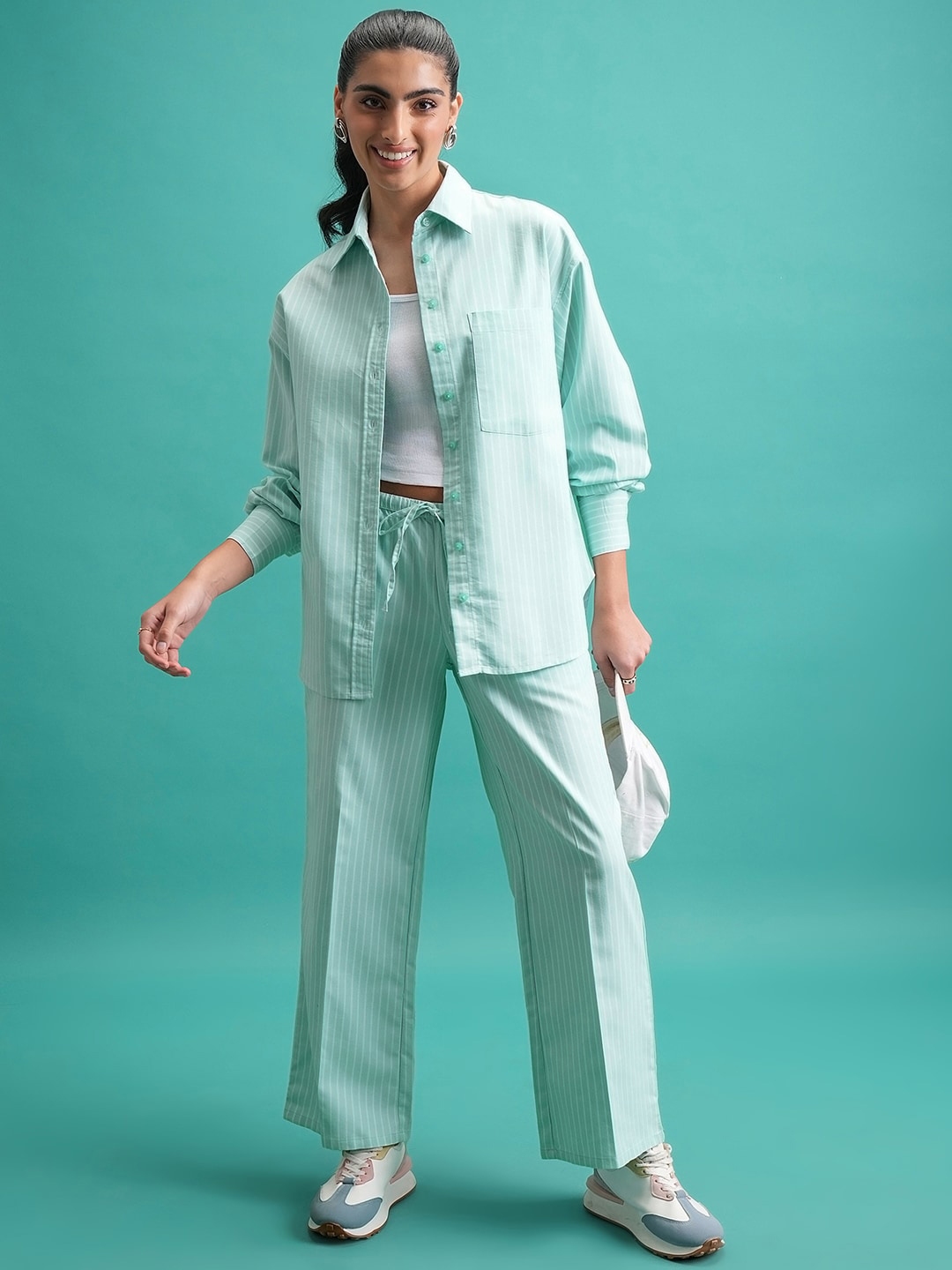 Tokyo Talkies Green Striped Cotton Shirt With Trouser Co Ords - Co Ords for Women 28035812 | Myntra