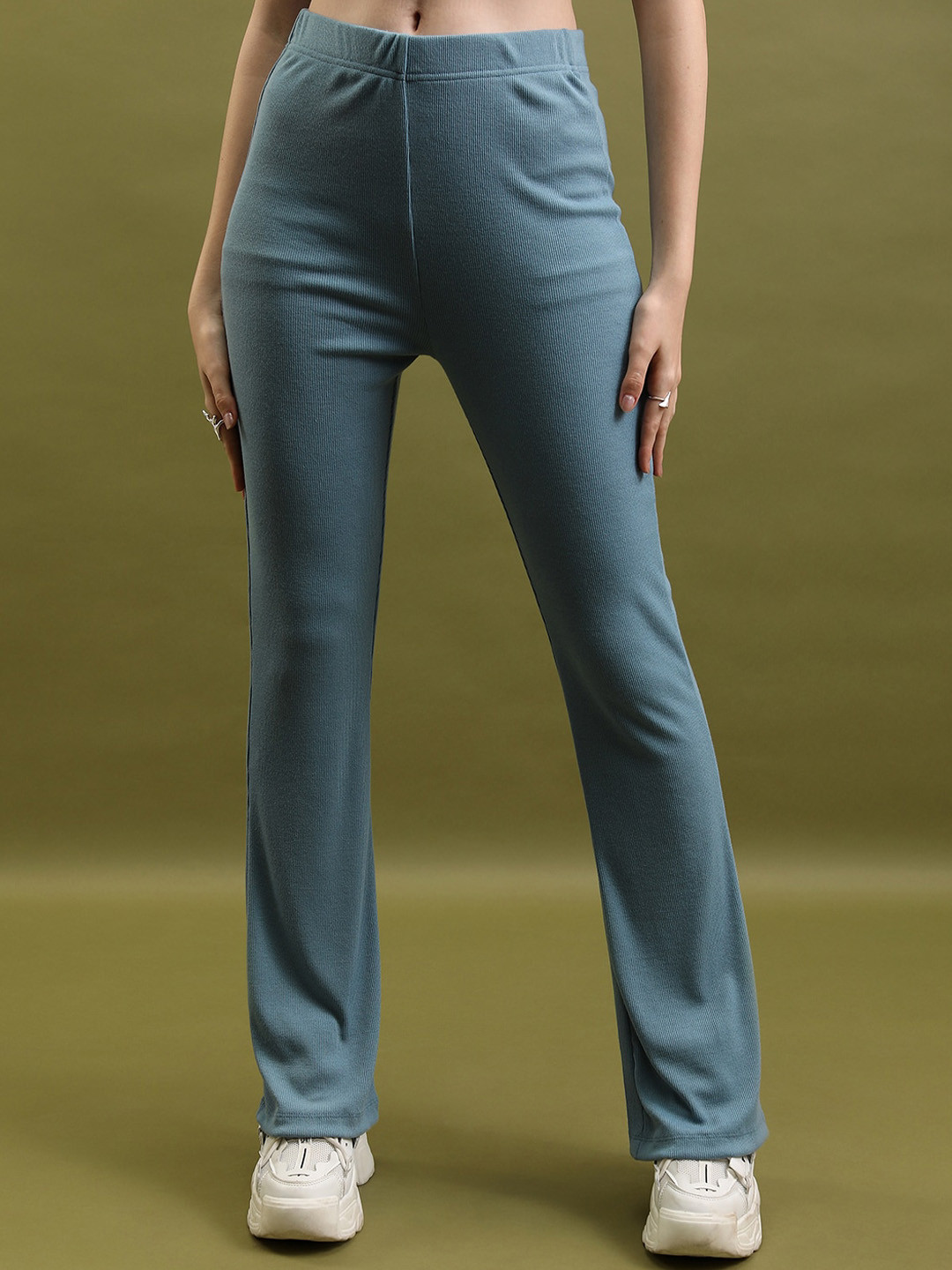 Tokyo Talkies Blue Women Mid-Rise Flared Rib Trousers