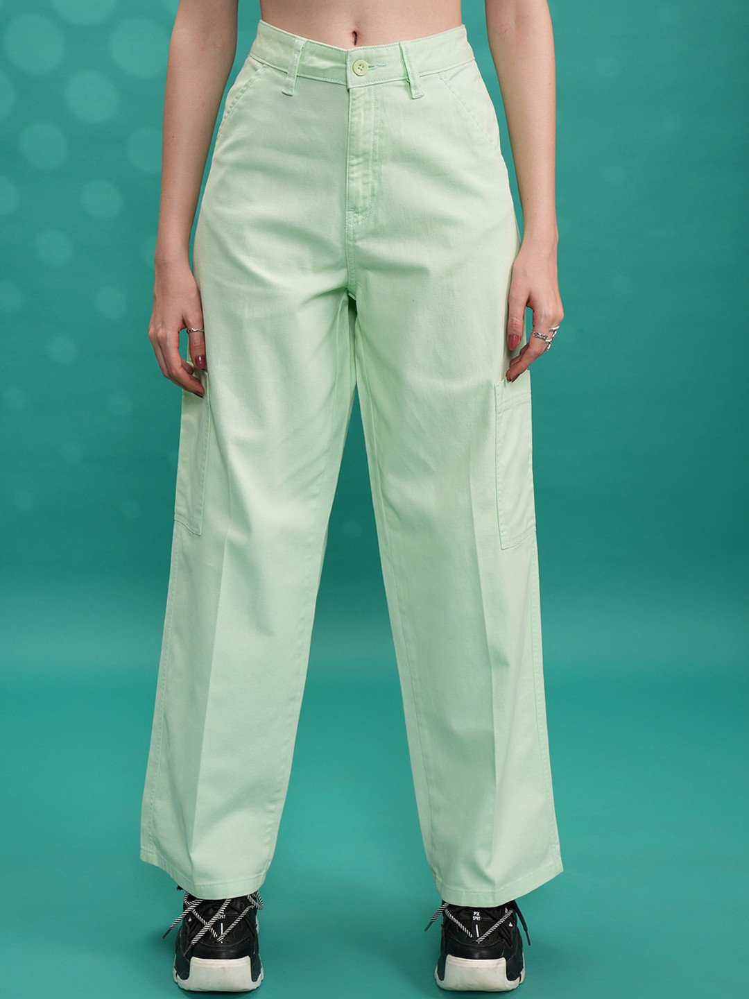 Tokyo Talkies Women Green Flared High Waist Wide Leg Cargo Trouser