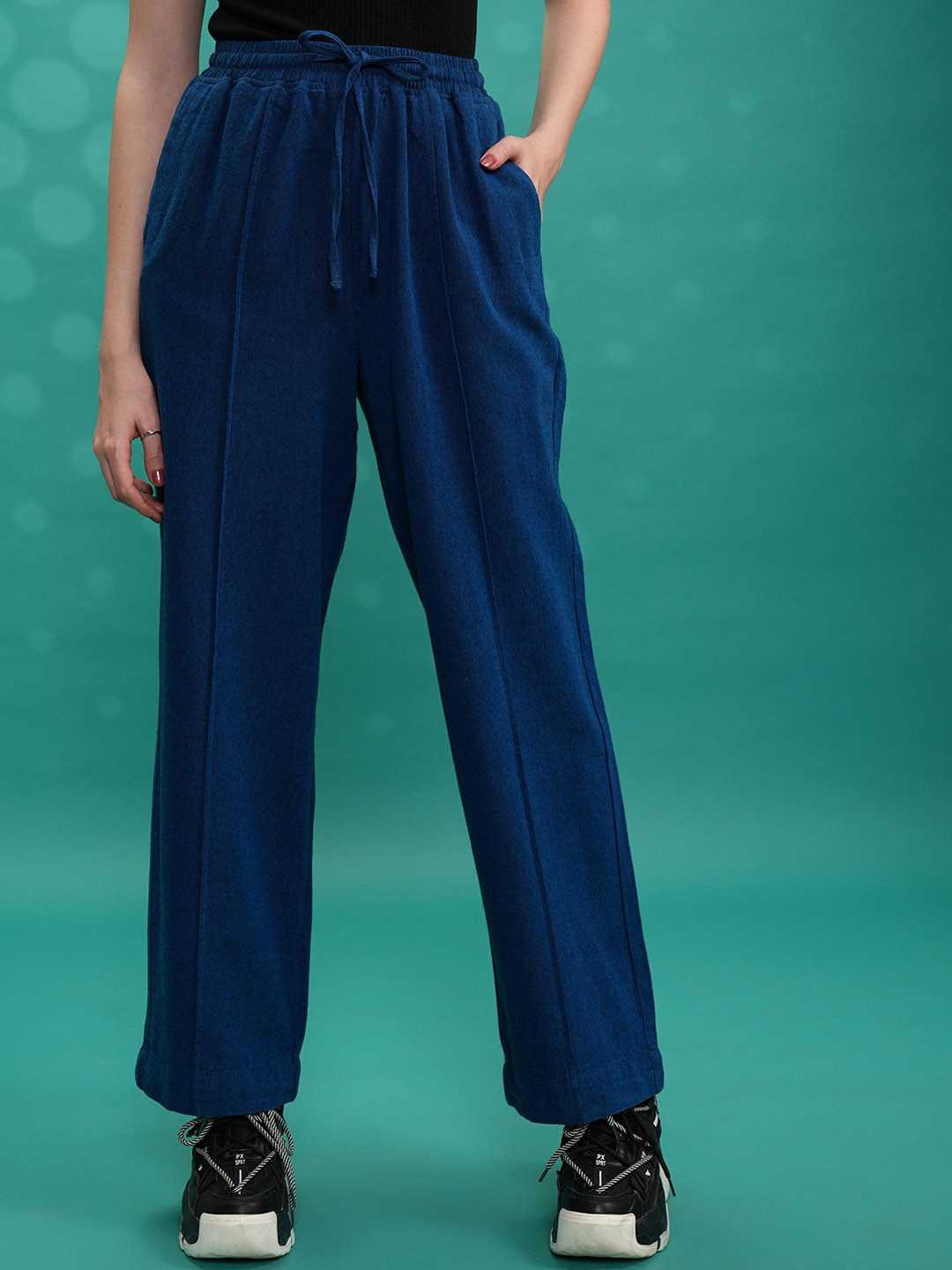 Tokyo Talkies Blue Women Straight Fit Cotton Wide Leg Trousers