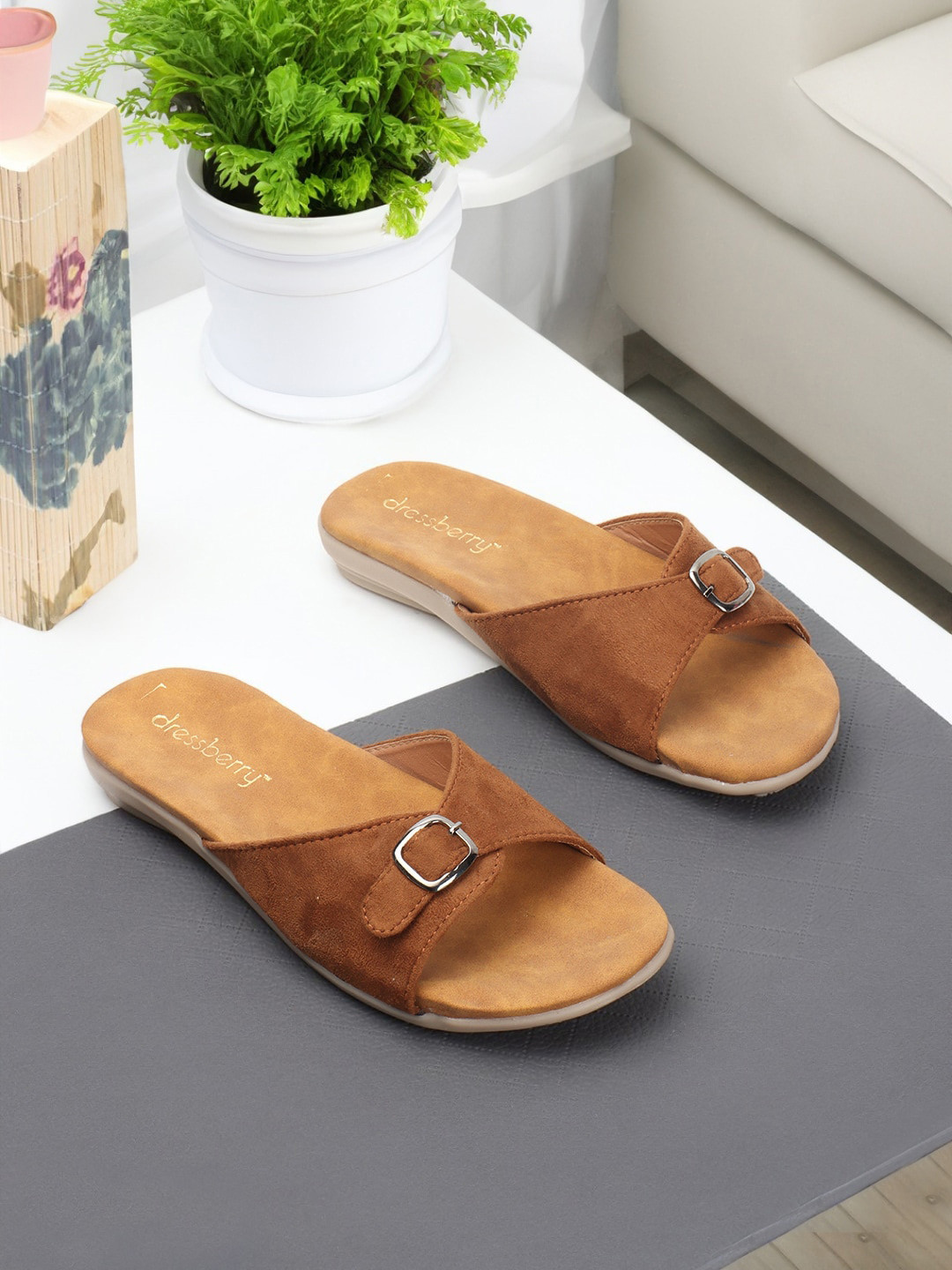 DressBerry Brown Buckle Detail Open Toe Flats