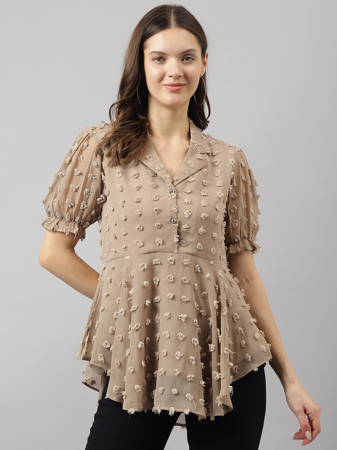 BAESD Woven Dobby Georgette Lapel Collar Puff Sleeves High-Low Top