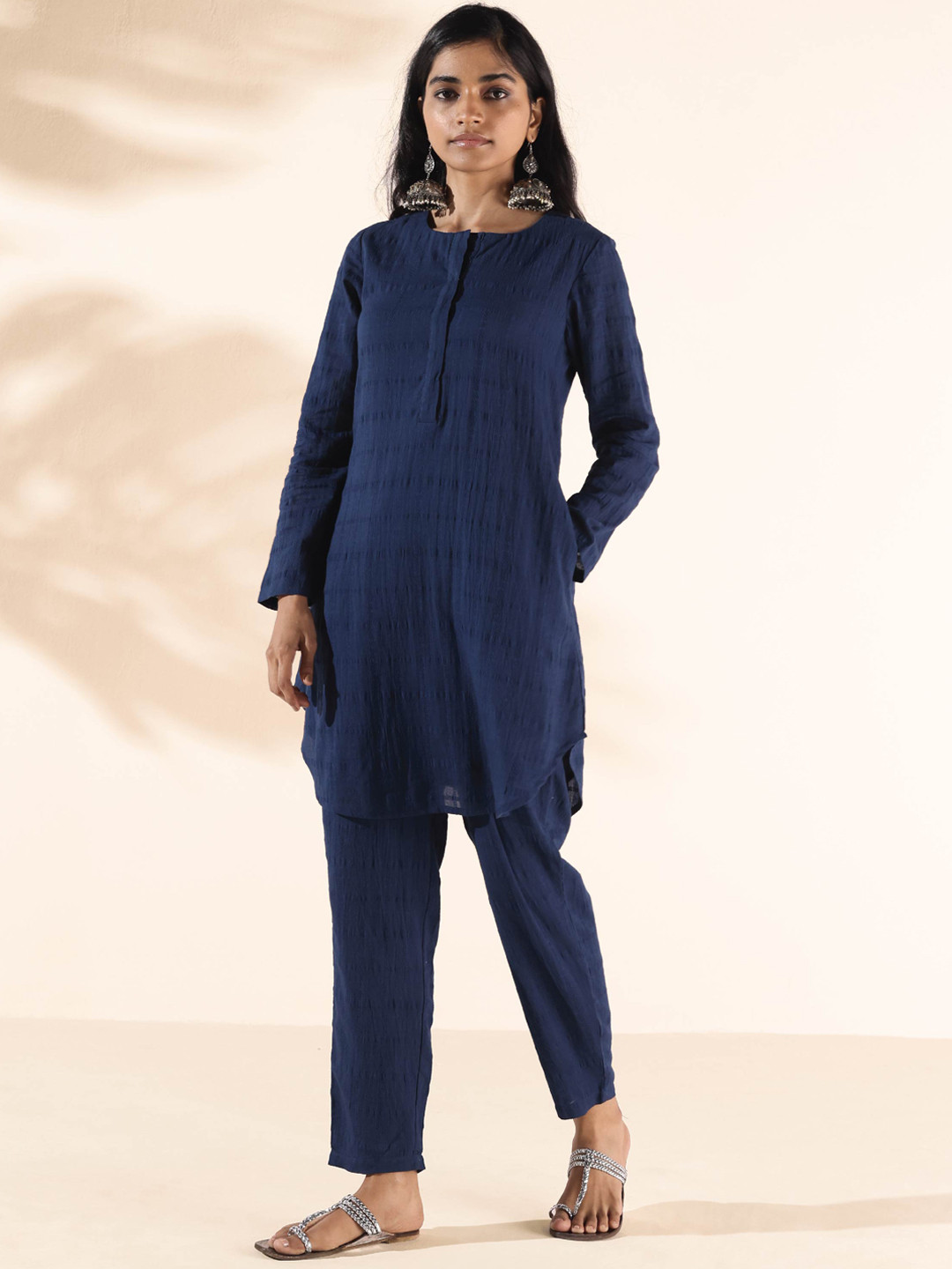 trueBrowns Malang Self-Design Pure Cotton Round Neck Tunic With Trousers Co-Ords