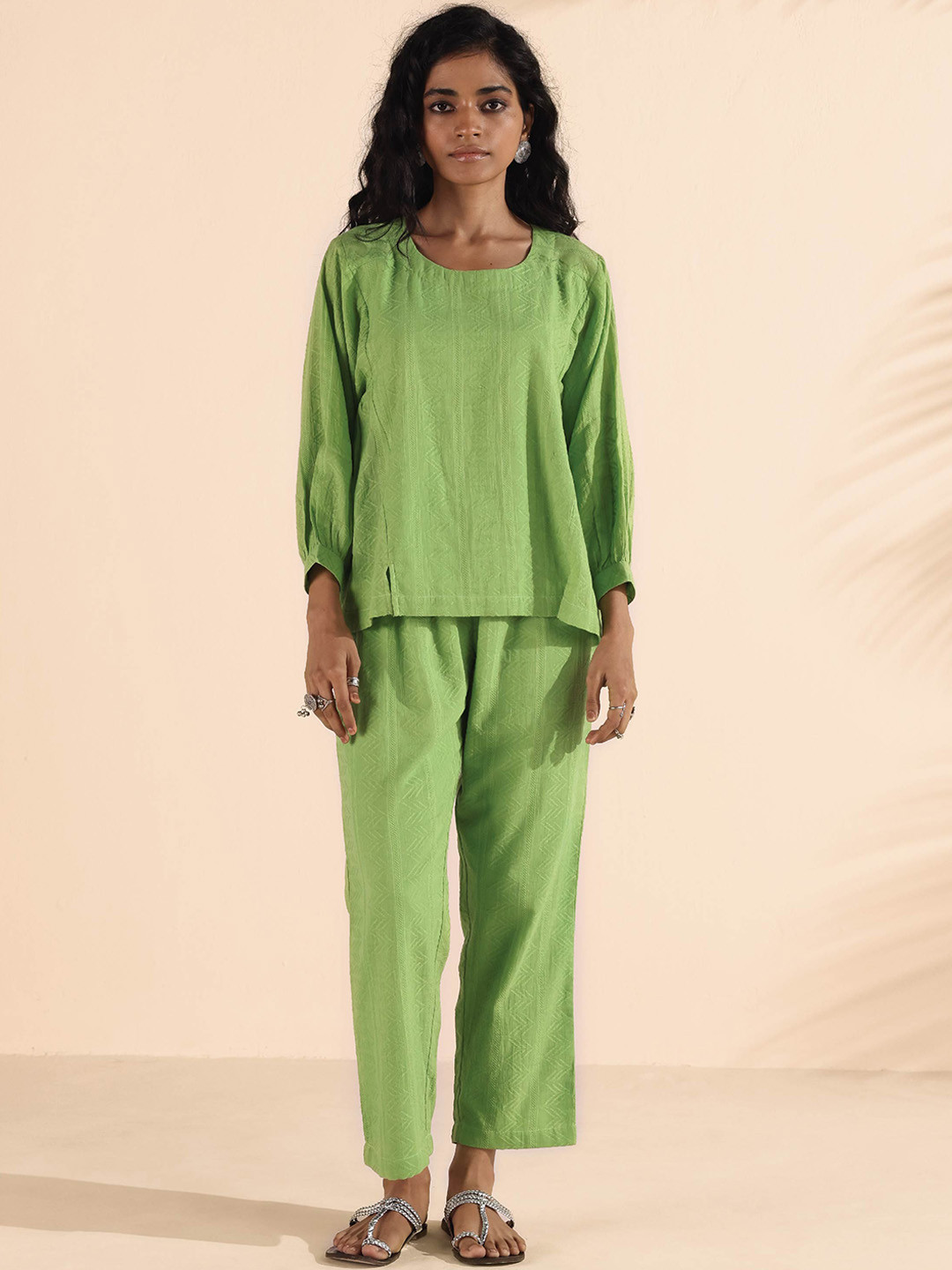 trueBrowns Malang Self Design Cotton Tunic With Trouser Co-Ords