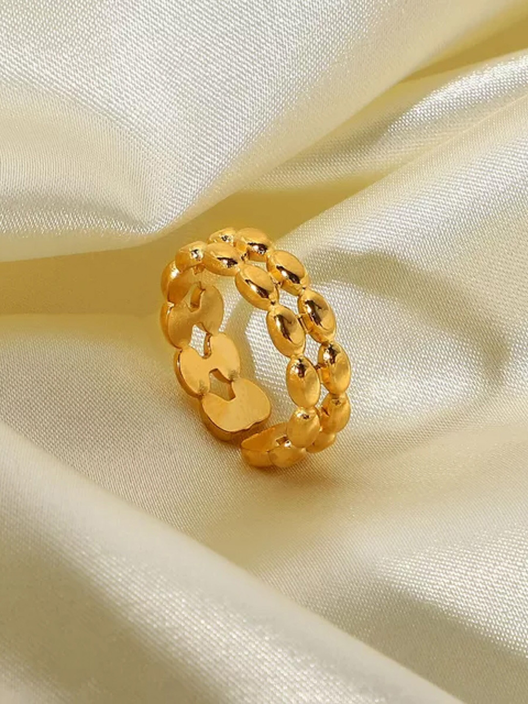 Avyana Gold-Plated Stainless Steel Double Dotted Lines Finger Ring