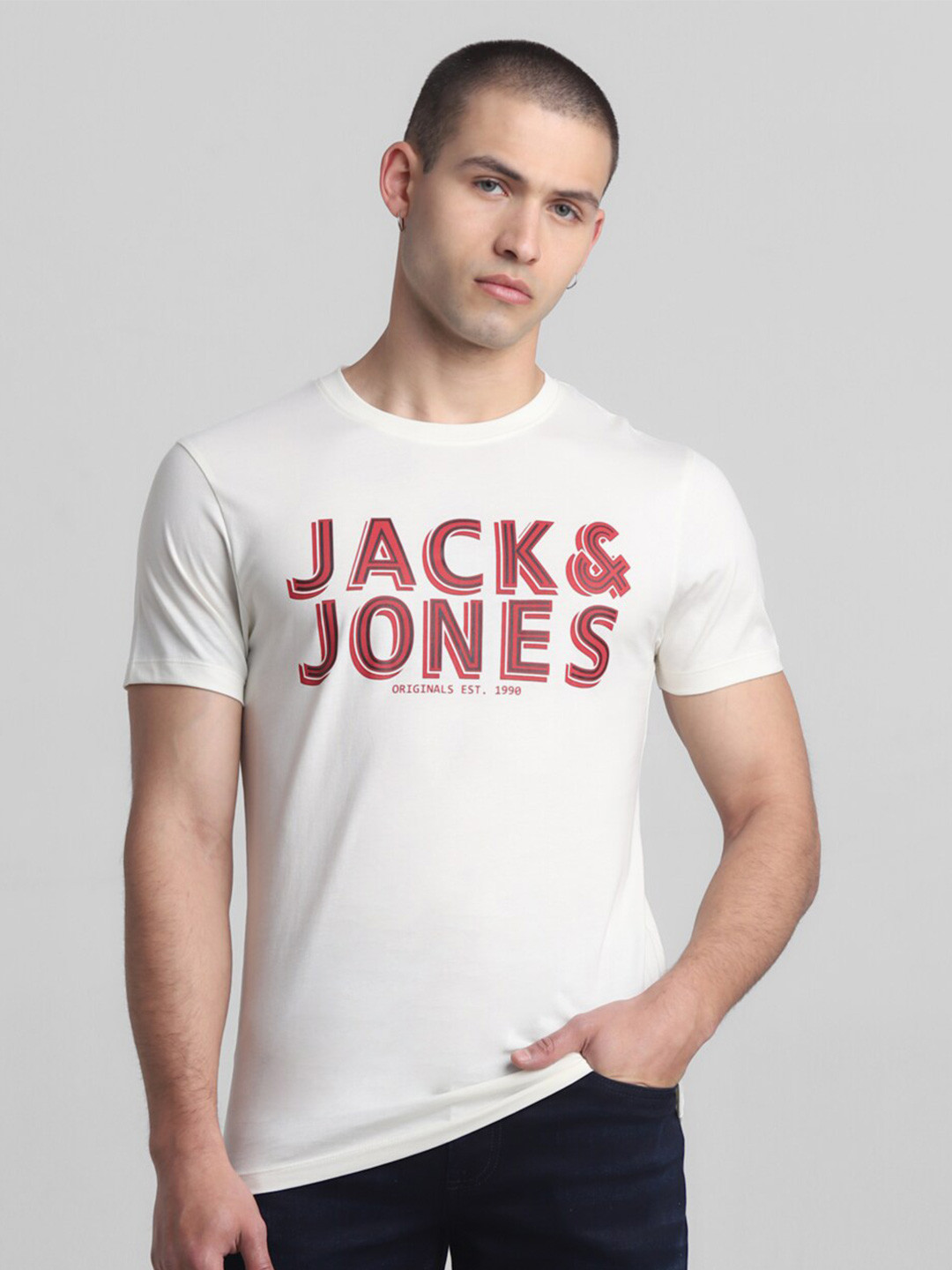 Jack & Jones Typography Printed Round Neck Short Sleeves Cotton Slim Fit T-shirt