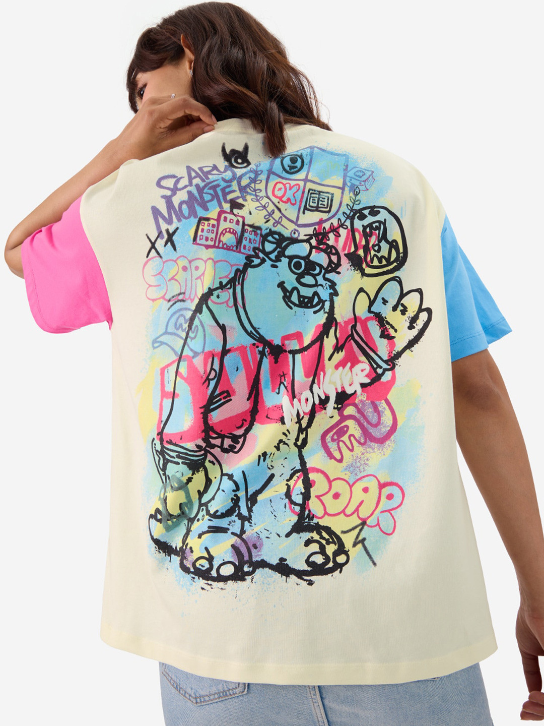The Souled Store Off White & Black Graphic Printed Pure Cotton Oversized T-shirt