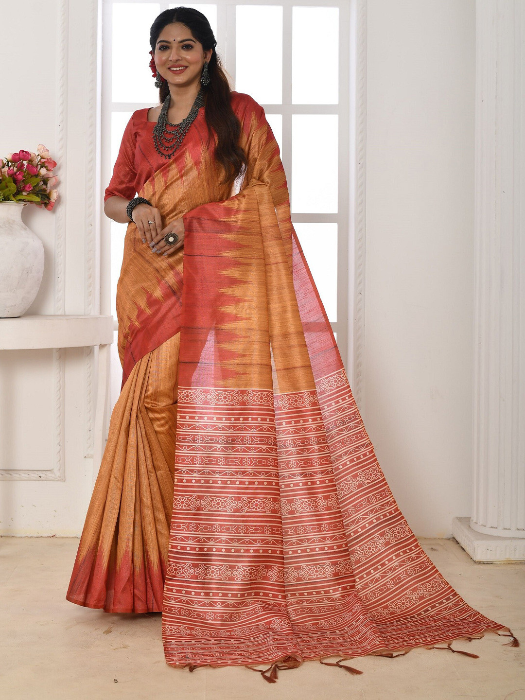 Mitera Geometric Printed Tussar Silk Sarees with Tassels