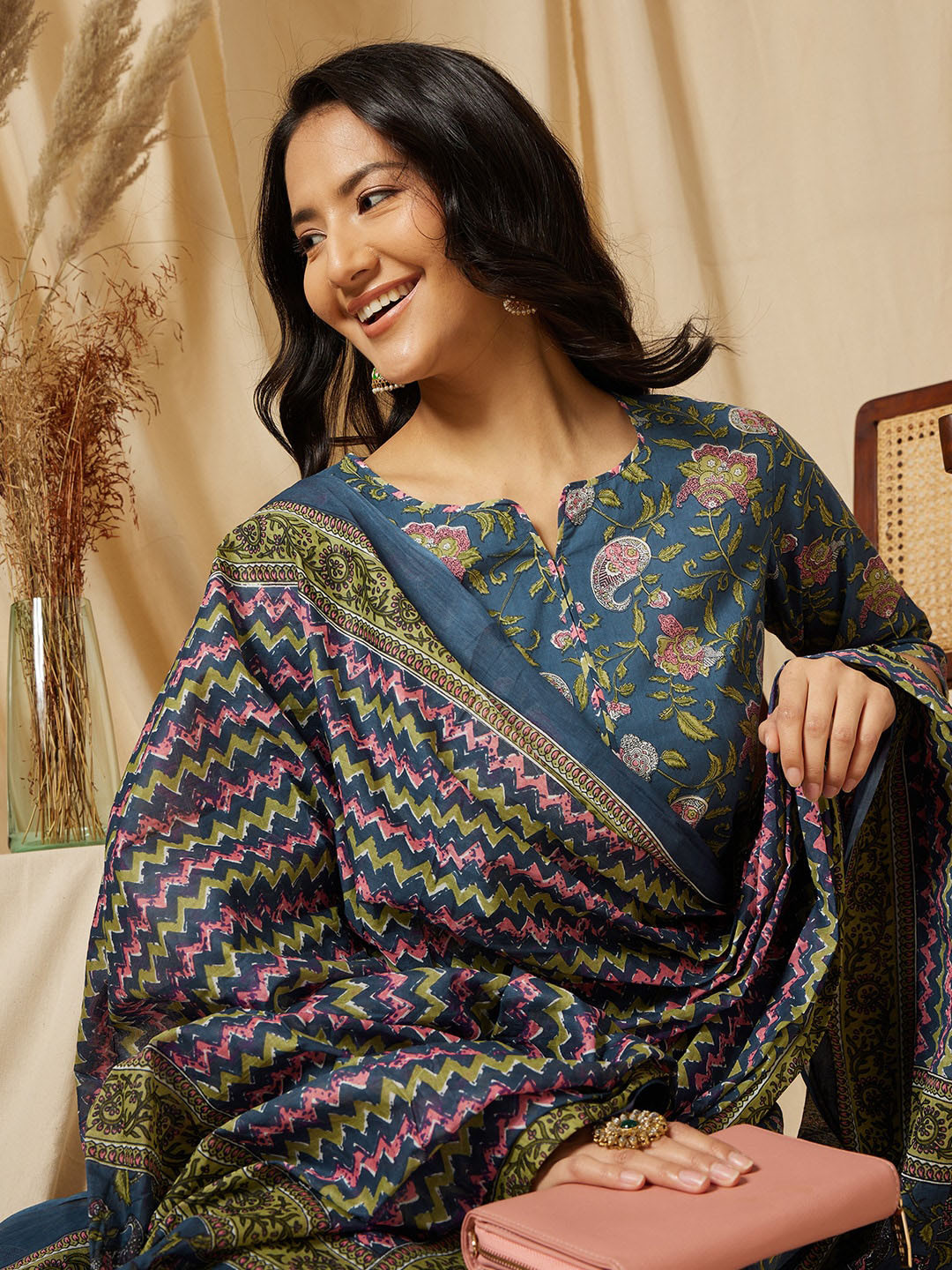 Ginni Arora Label Notch Neck Floral Printed Pure Cotton Kurta with Palazzo & Dupatta